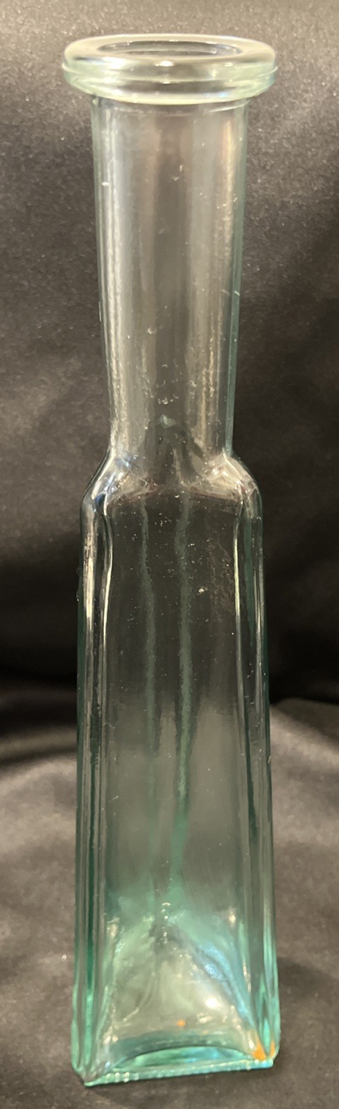 Large Decorative Clear Glass Triangular Shape Blue Tint Bottle 15”Tall Olive Oil