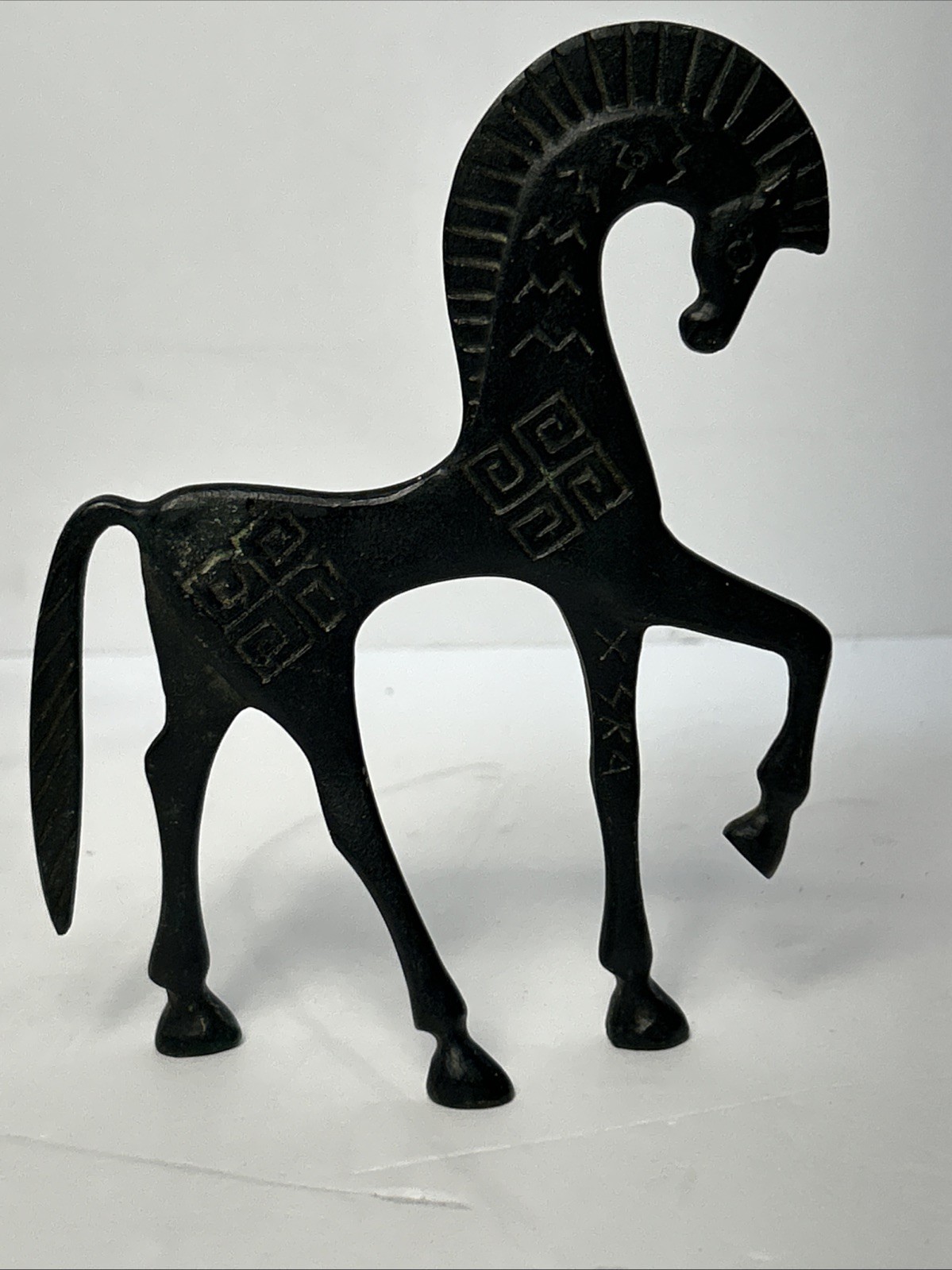 Horse Figurine Ornate Ancient Greek Symbols Bronze 6”x 4.75 Vintage Non Magnetic