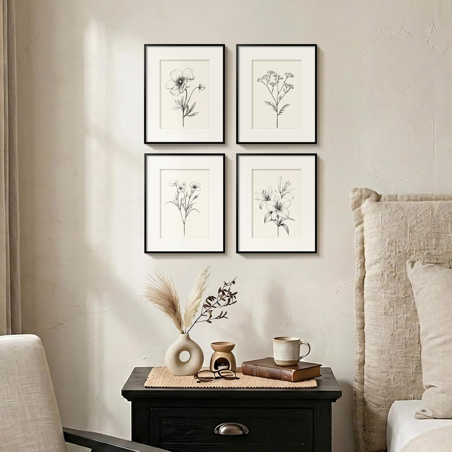 Framed Black & White Botanical Art Set – 4 Minimalist Floral Prints, 8×10 Inch