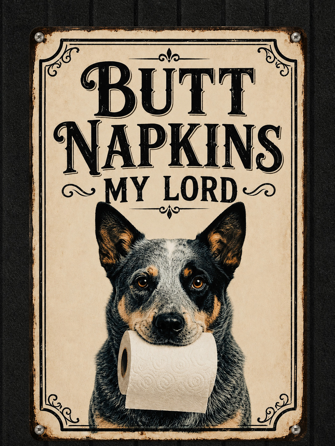 Bathroom Metal Sign – Butt Napkins My Lord – Blue Heeler Toilet Paper Wall Decor