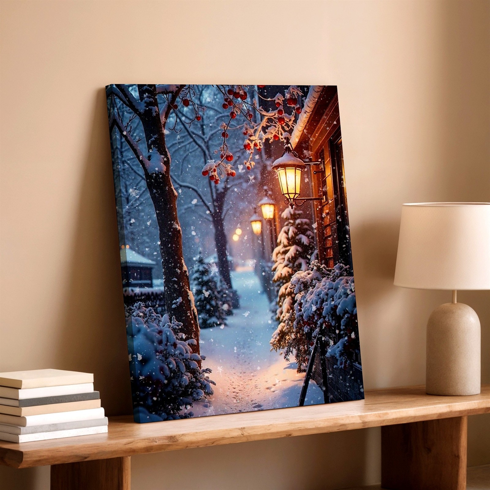 Wall Art Winter Snowy Path Lantern Light Cottage Red Berries Canvas Print Decor