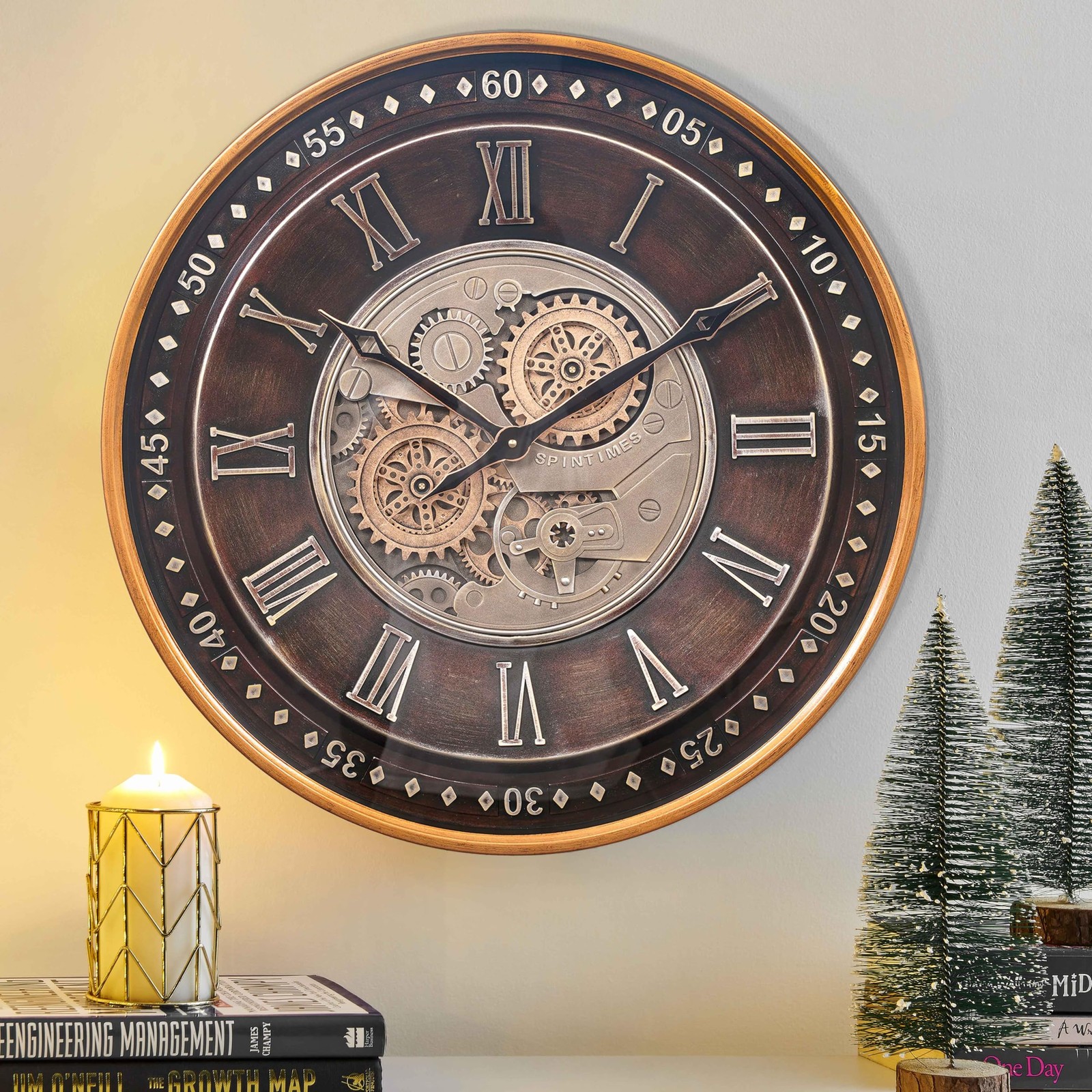CLXEAST 24 Inch Wall Clock with Moving Gears,Oversized Large Industria