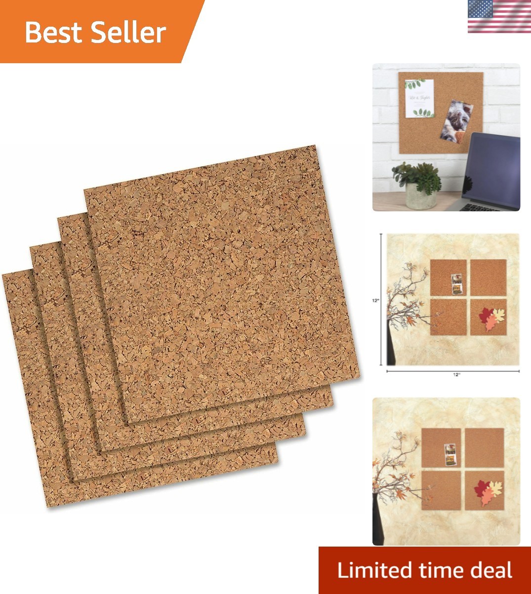 Cork Tiles, Bulletin Board Cork Panels 12&Prime; x 12&Prime; x 3/16&Prime;, Natural, 4 Pack 102