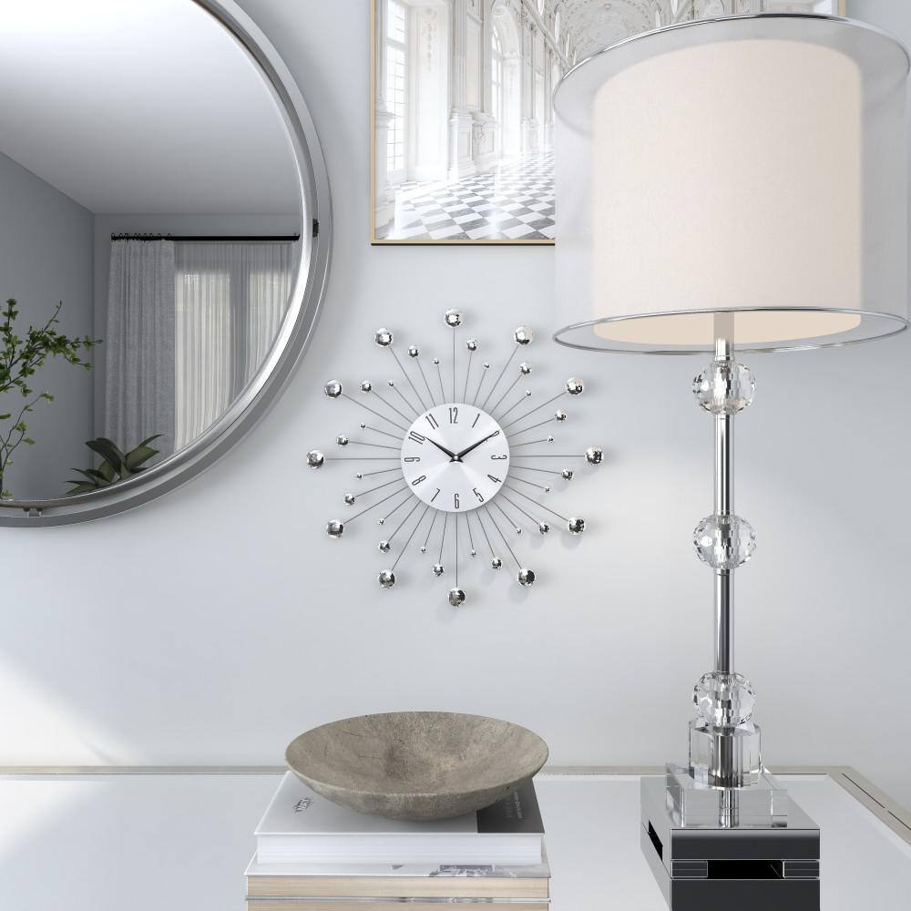 15 In. X 15 In. Silver Metal Starburst Wall Clock with Crystal Accents
