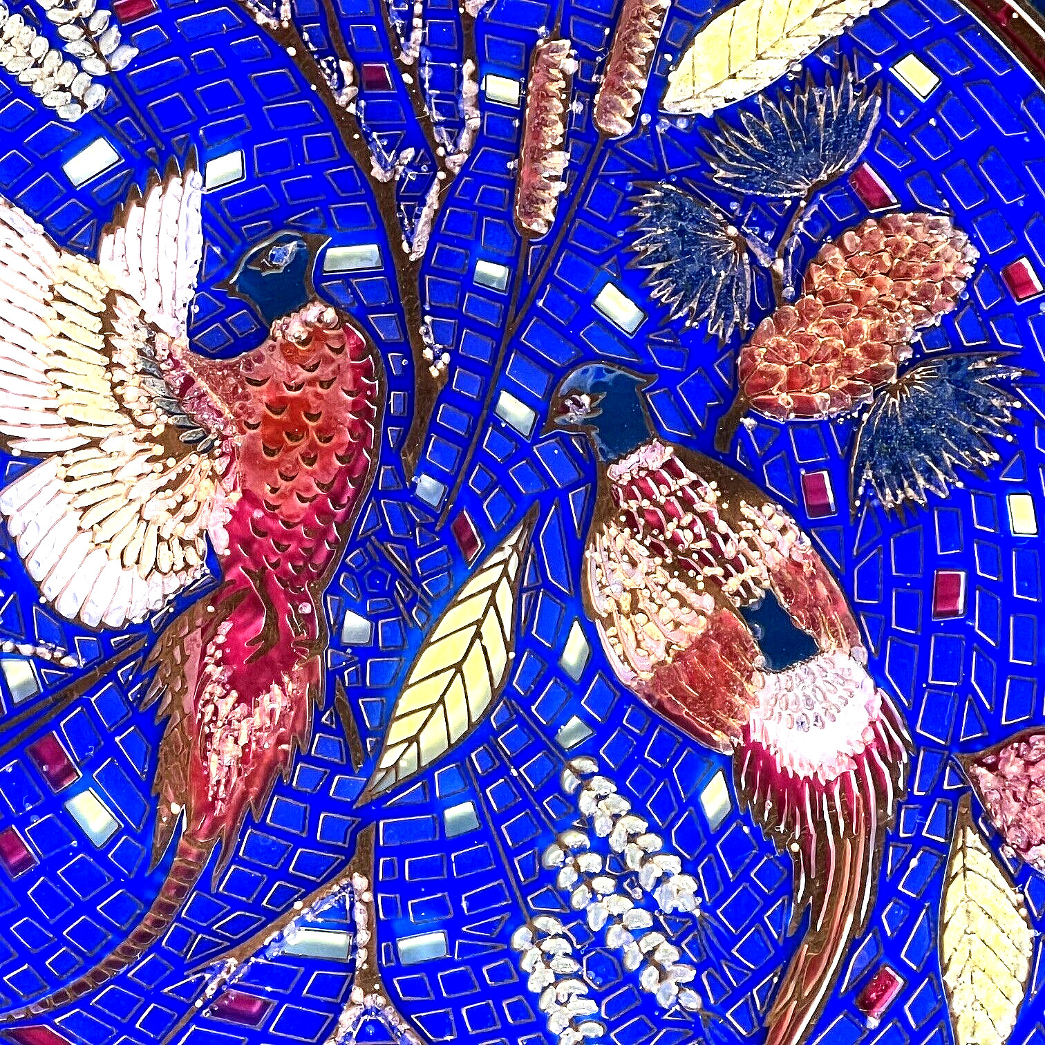 Vtg Houze Art Glass Mosaic Design Plate Blue & Gold w/Pheasants 11&Prime; Diameter