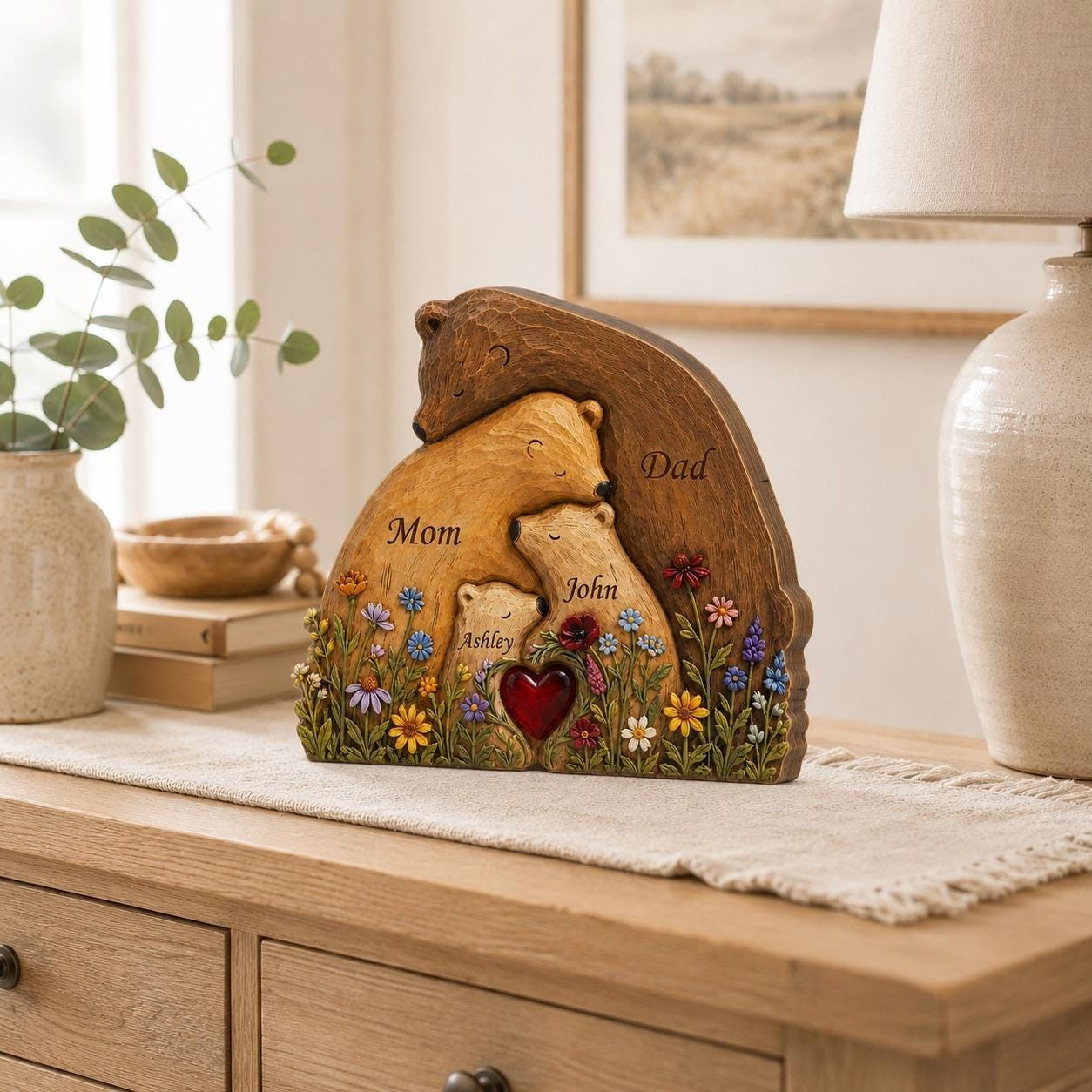 Personalized Bear Family Wooden Puzzle Block, Custom Family Names Wood Decor