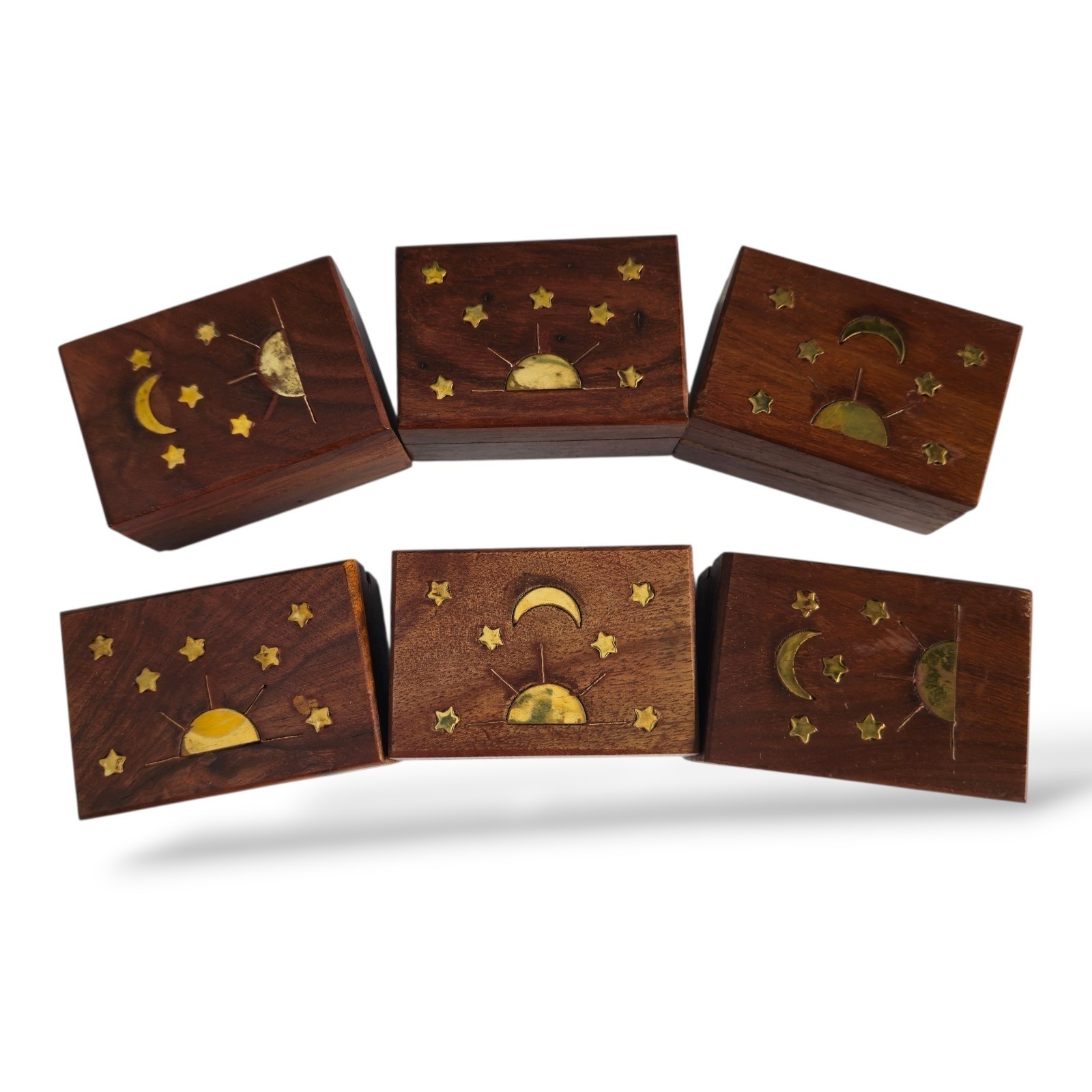 Celestial Brass Inlay Wooden Small Boxes 2×3&Prime;- Set of 6 (Asstd Design) Hand Made