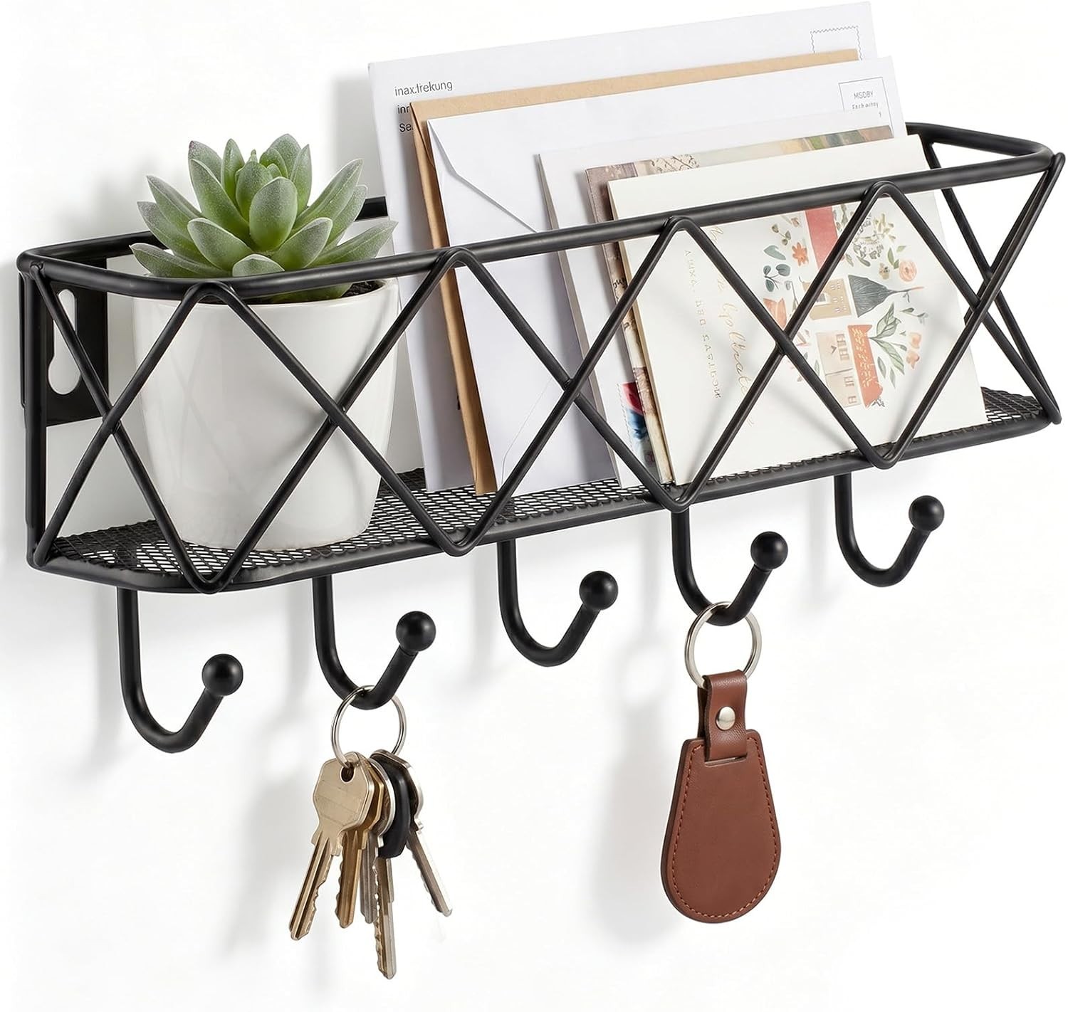 Multi-Functional Wall Key Holder with 5 Hooks & Basket – Easy Installation