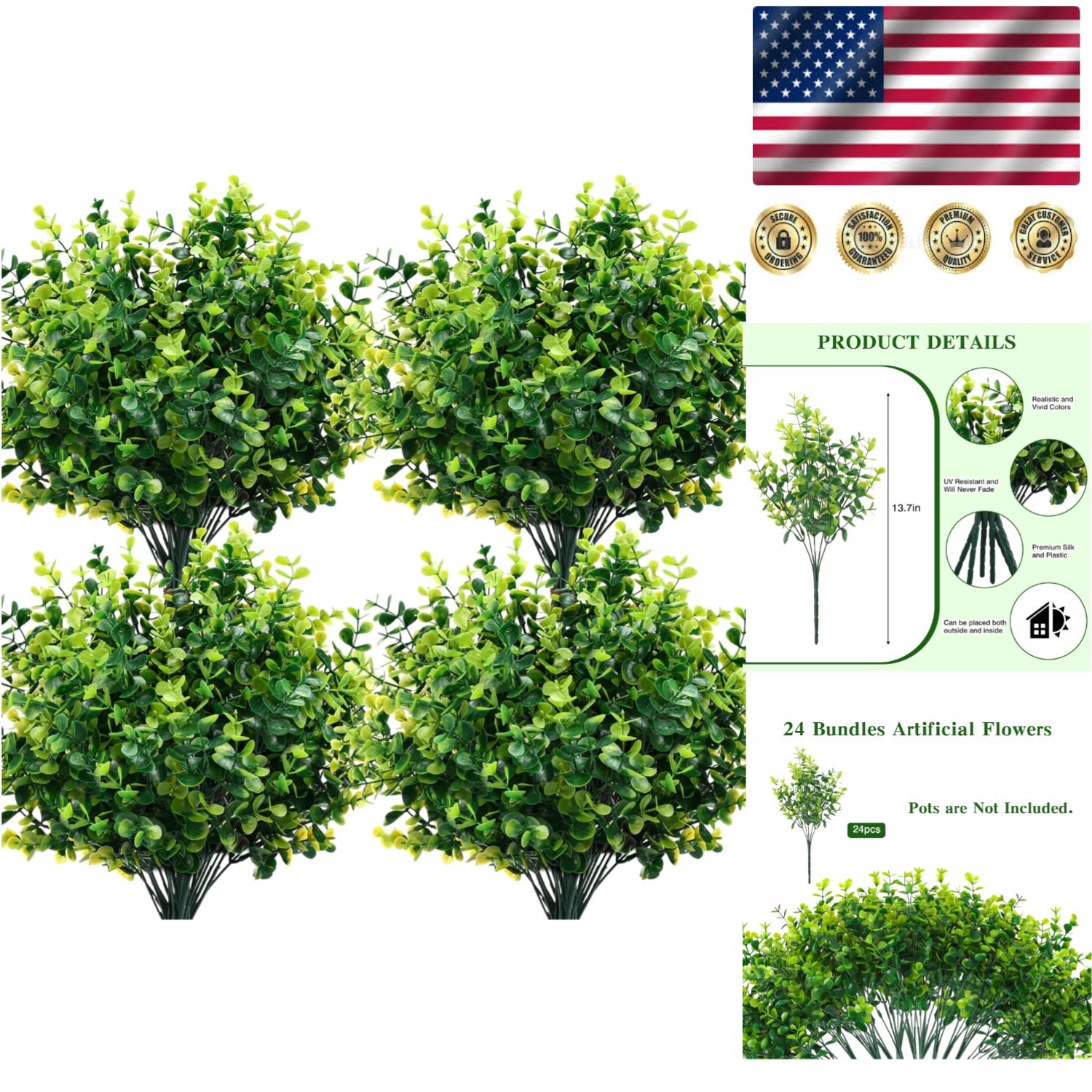 24 Pack UV Resistant Artificial Boxwood Stems for Elegant Indoor & Outdoor Decor
