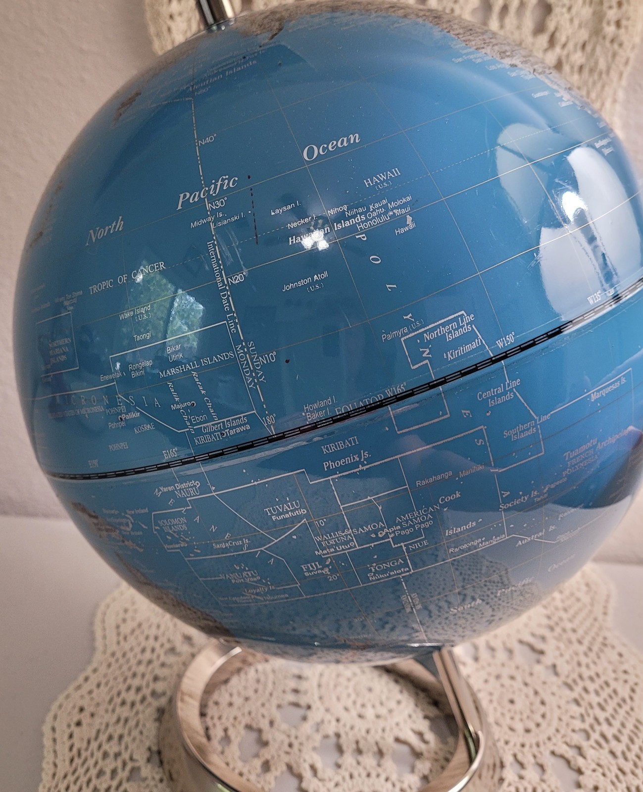 Tabletop World Globe Blue & Silver Sphere Stainless Steel Frame 12.5 in Tall