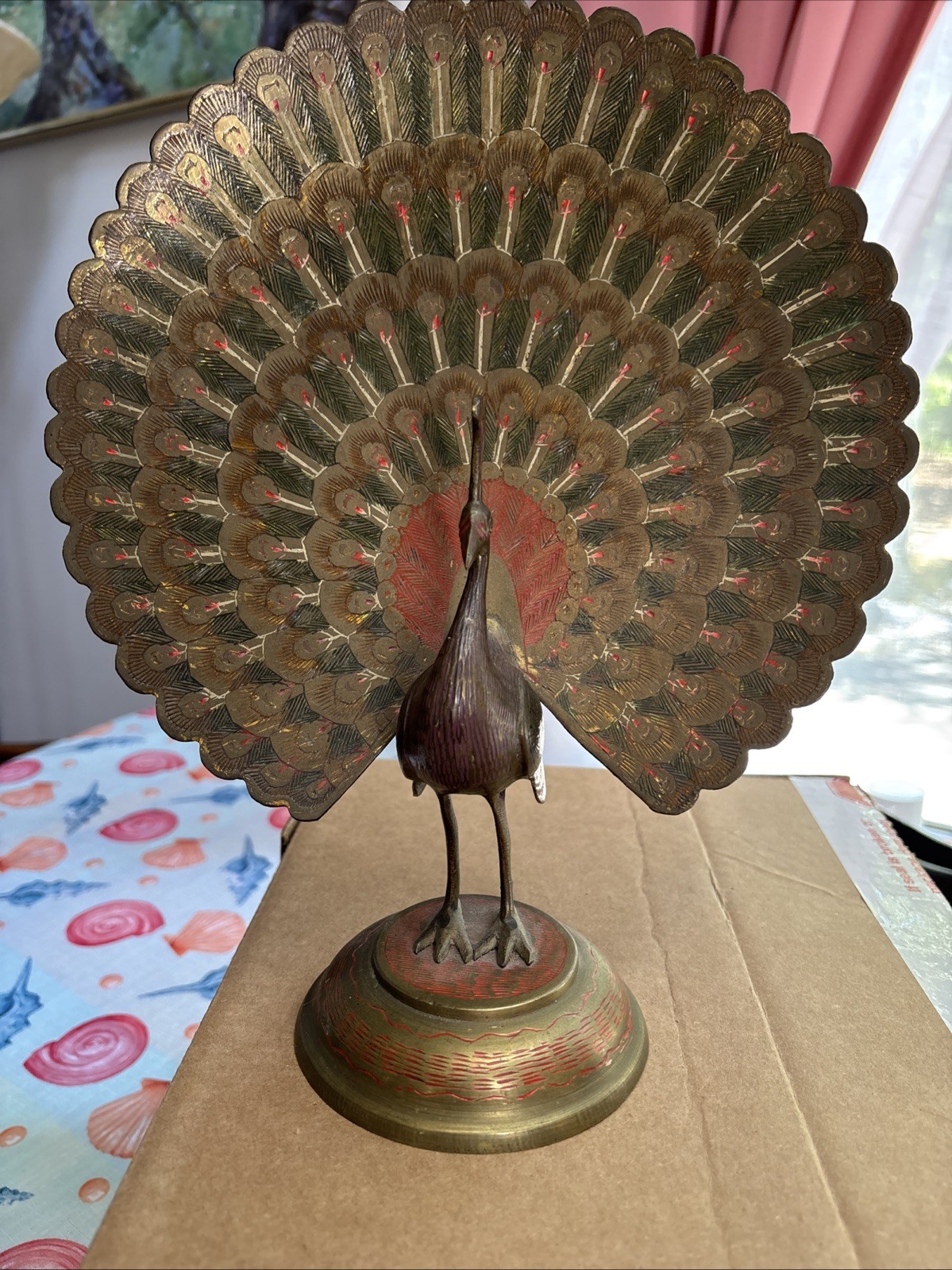 Vintage Brass Peacock Figurine Etched Statue Ornate Old World Avant Garde India