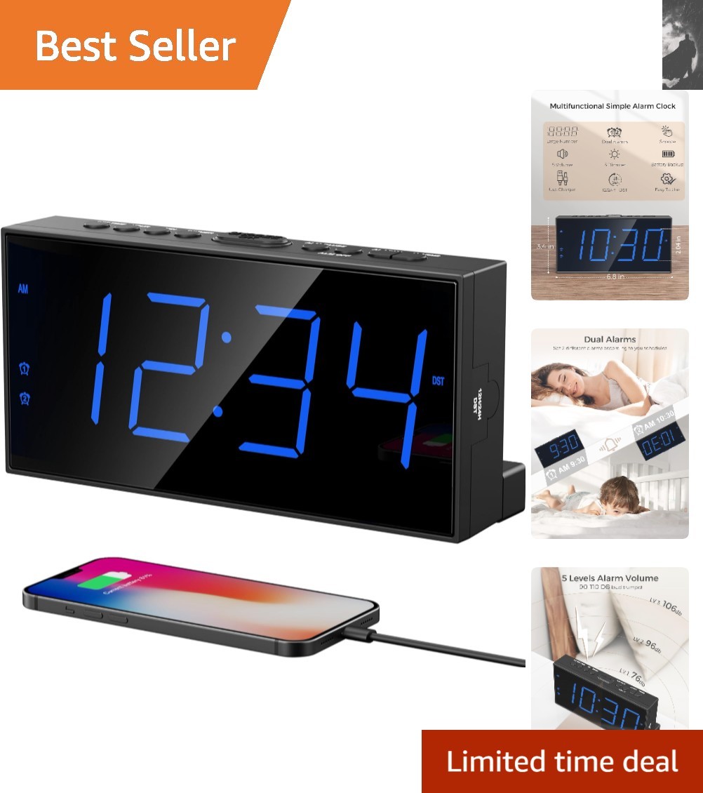 Elegant 7.5 » Large Dual Alarm Clock with USB Charger – Perfect for All Ages