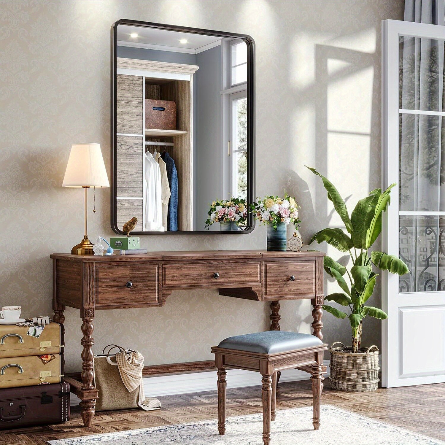 Black metal framed rounded rectangle bathroom mirror 3 sizes Matte black