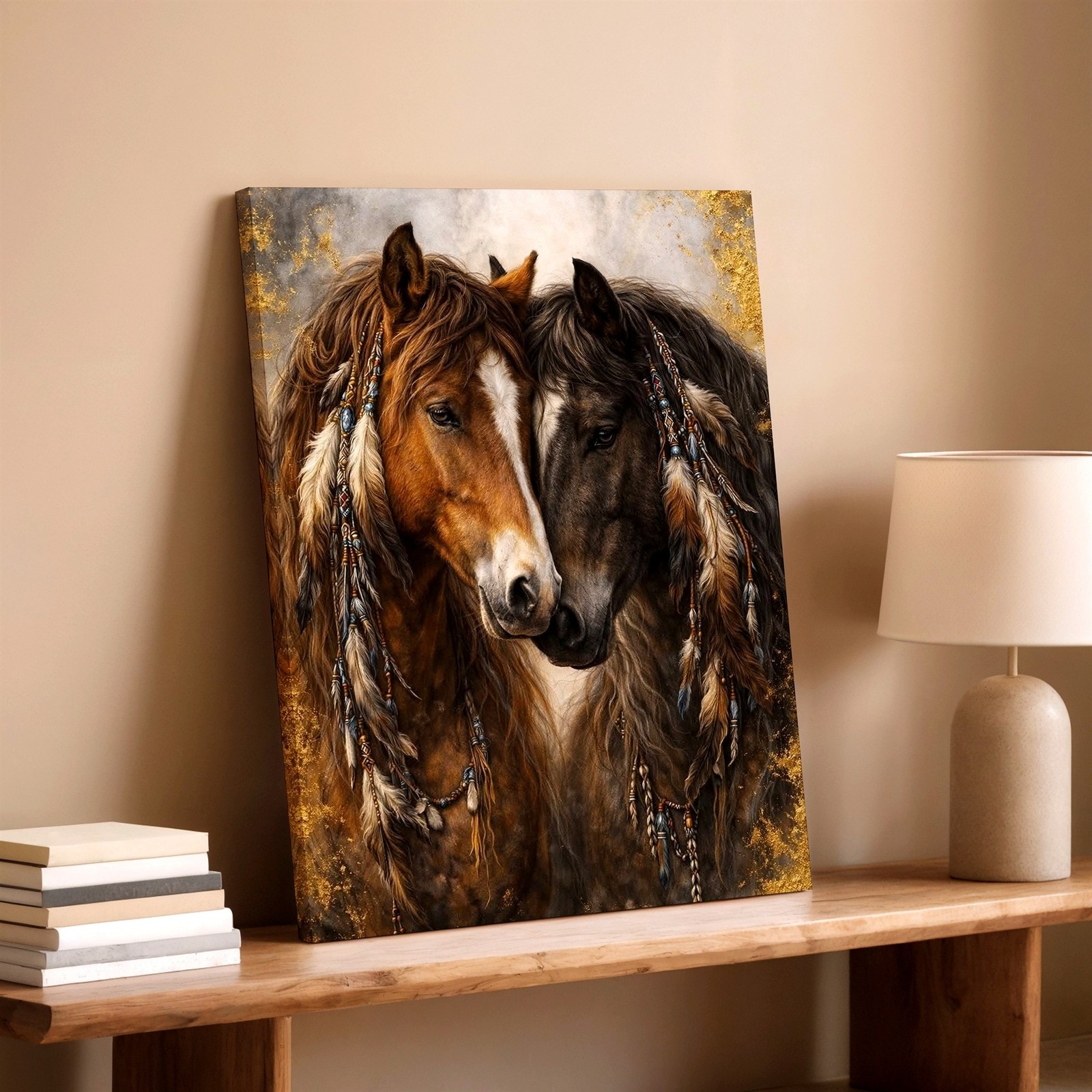 Canvas Two Horses Rustic Western Animal Face Portrait Gold Home Gallery Print