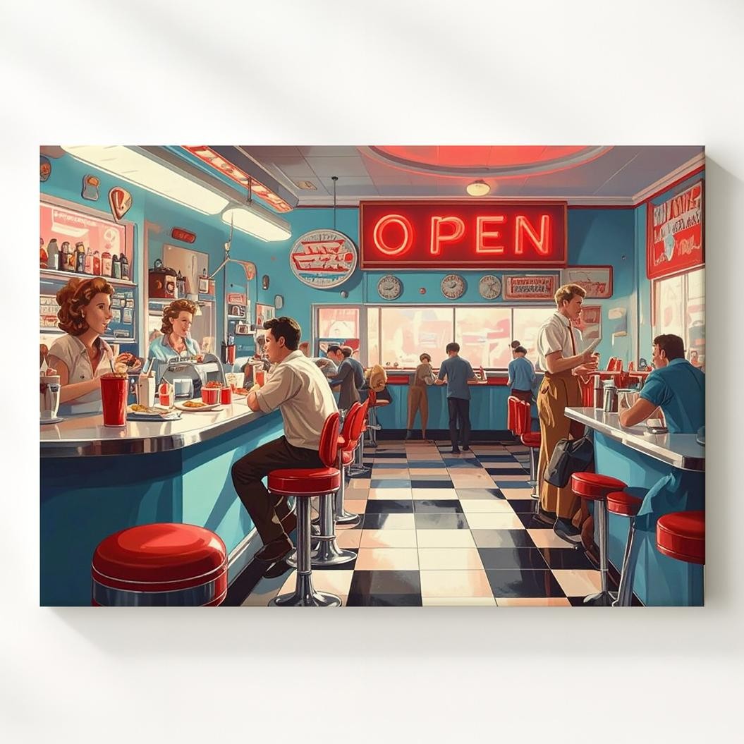 Retro Diner Scene Canvas1950S Americana With Neon « Open » Sign Wall Art