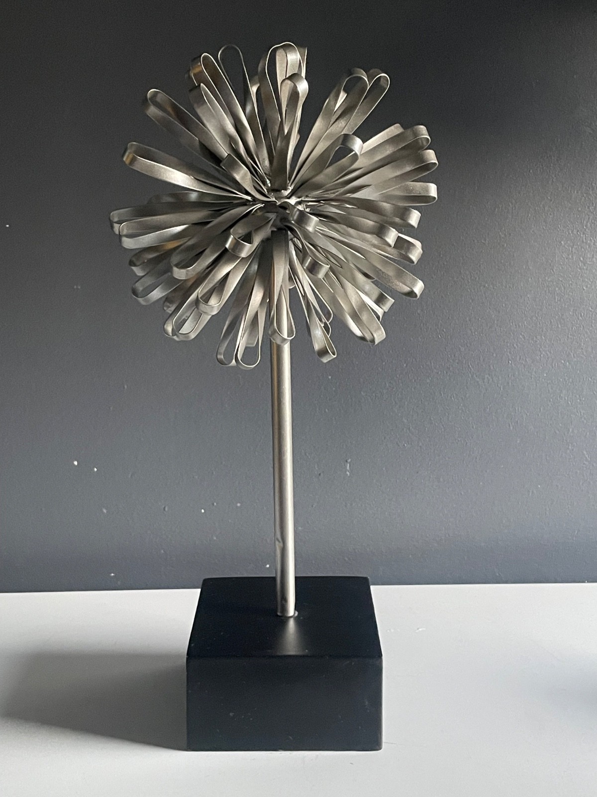 Modern Metal Dandelion Sculpture on Black Base Abstract Table Decor 16” Tall