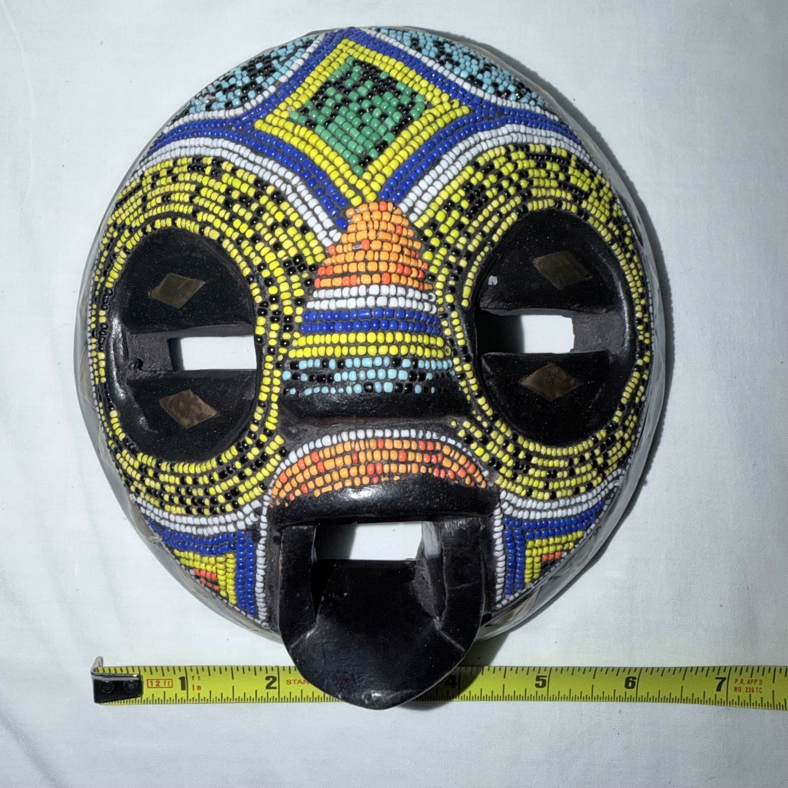 African Beaded Mask Hand Carved Wood Tribal Round Moon Mask Cameroon Ghana