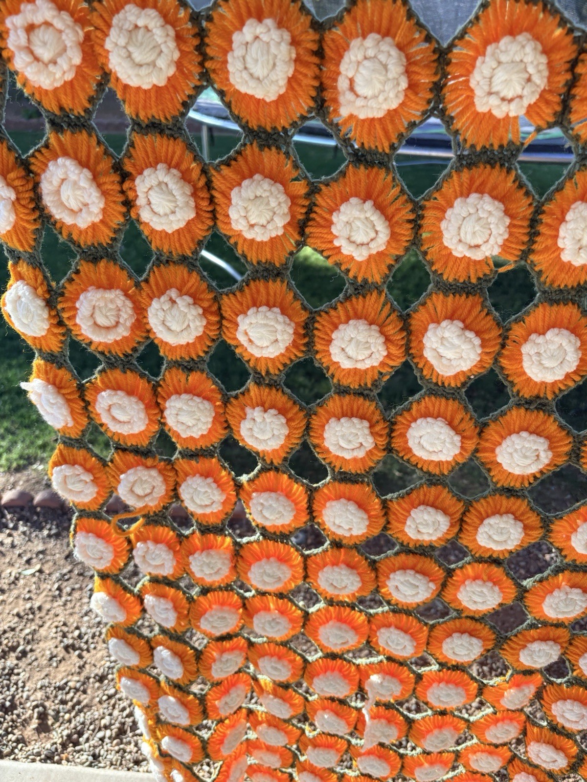 Vtg Handmade Daisy 3D Crochet Knitted Granny Orange Flower Afghan Blanket 57X29