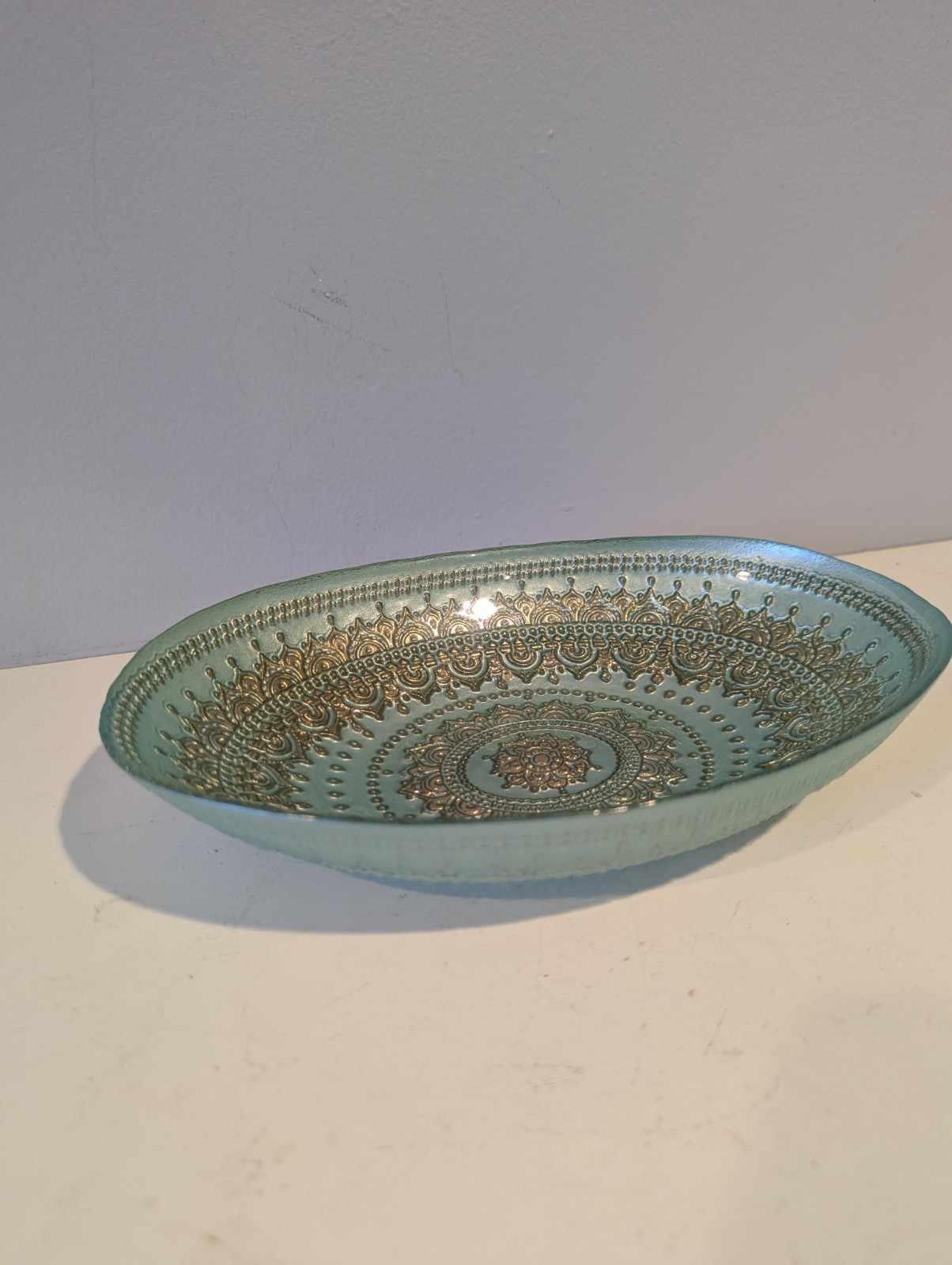 Oval Light Green Bowl With Gold Decorative Accents Reverse Painted 9×6 in.