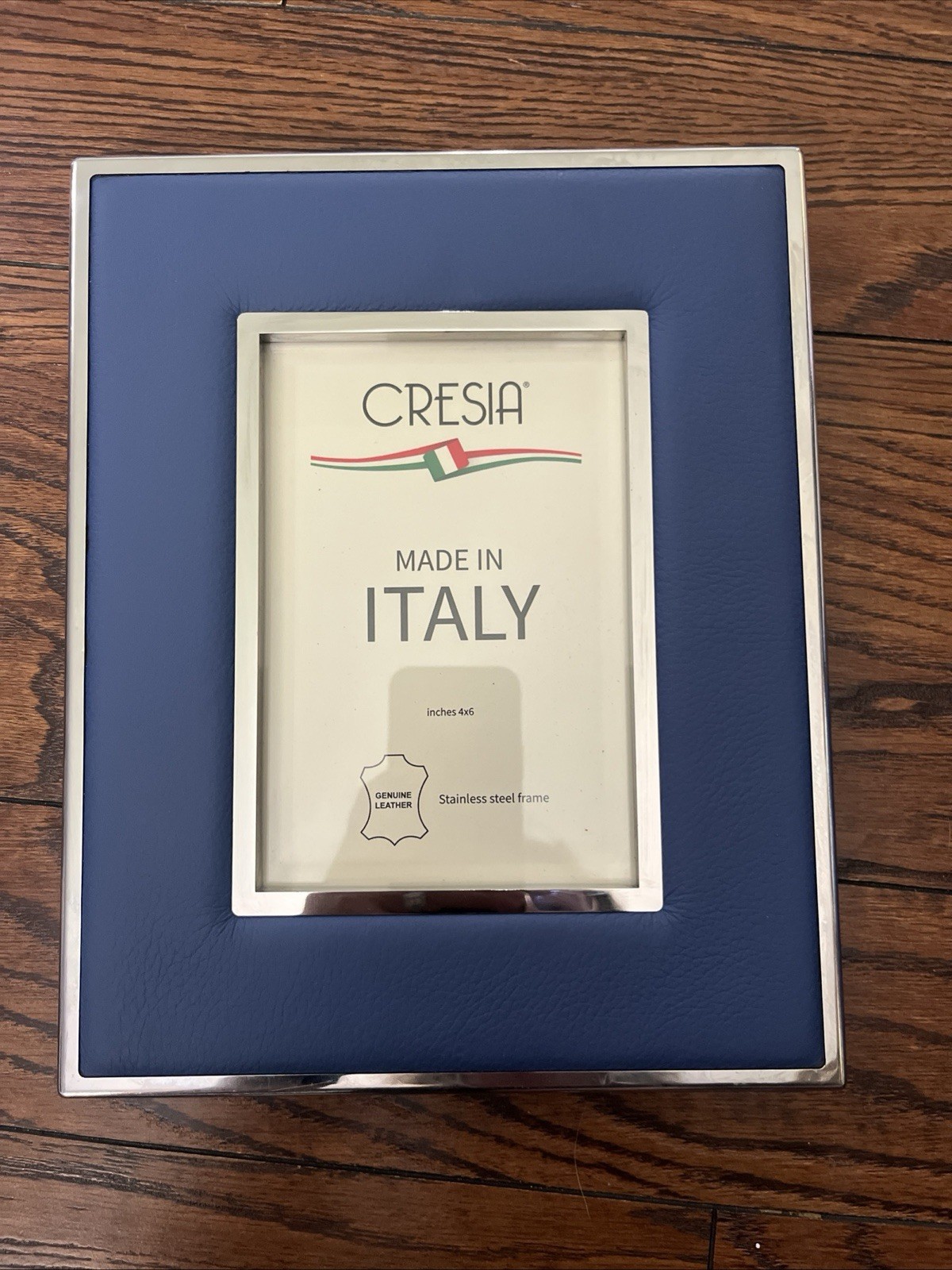 NEW Cresia Italy Blue Genuine Leather Stainless Steel Picture Frame 4x 6 Read