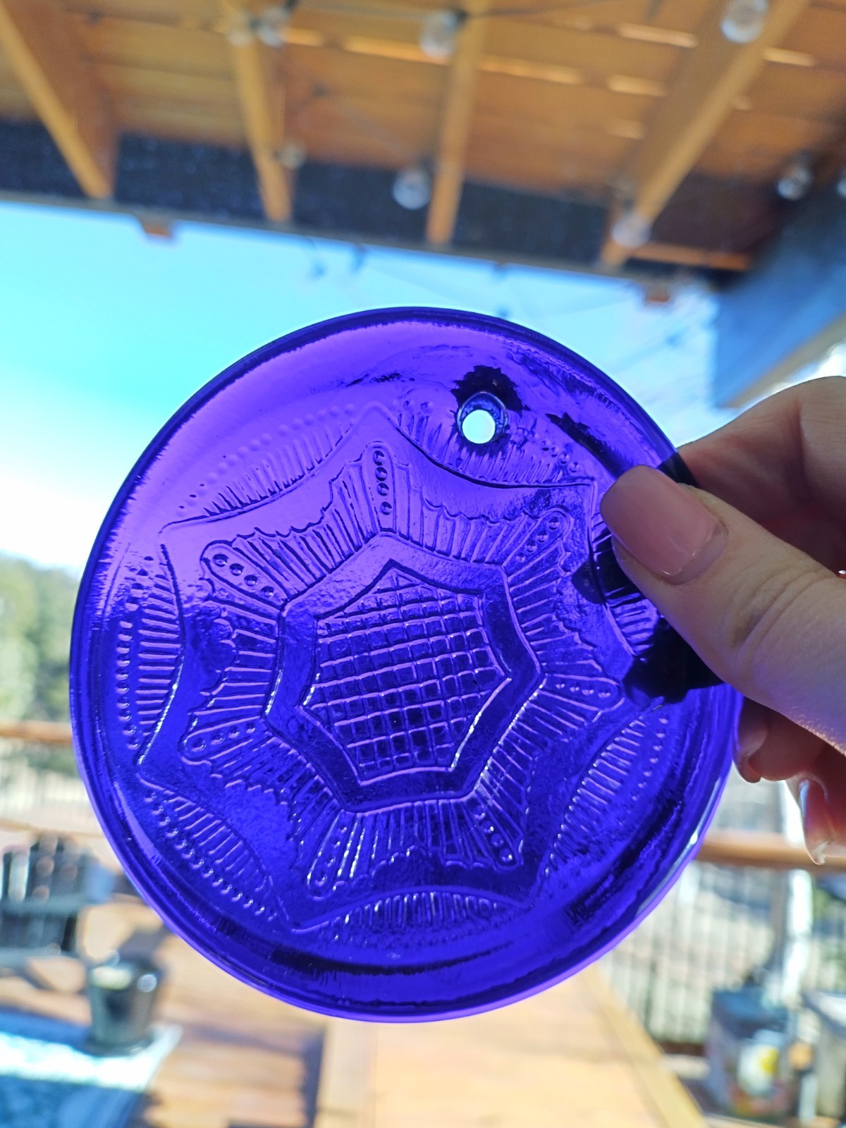 Vintage Cobalt Blue Pressed Glass Sun Catcher. Star Design. 4&Prime; in diameter