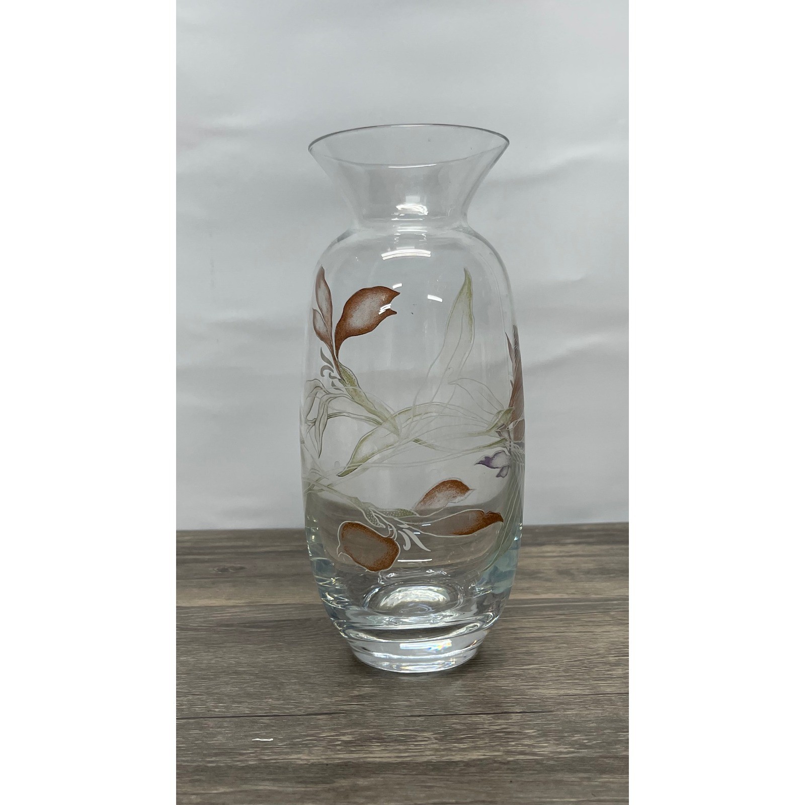 Handmade Glass Floral Vase Hand Painted Leaf Design Clear Purple Brown Excellent