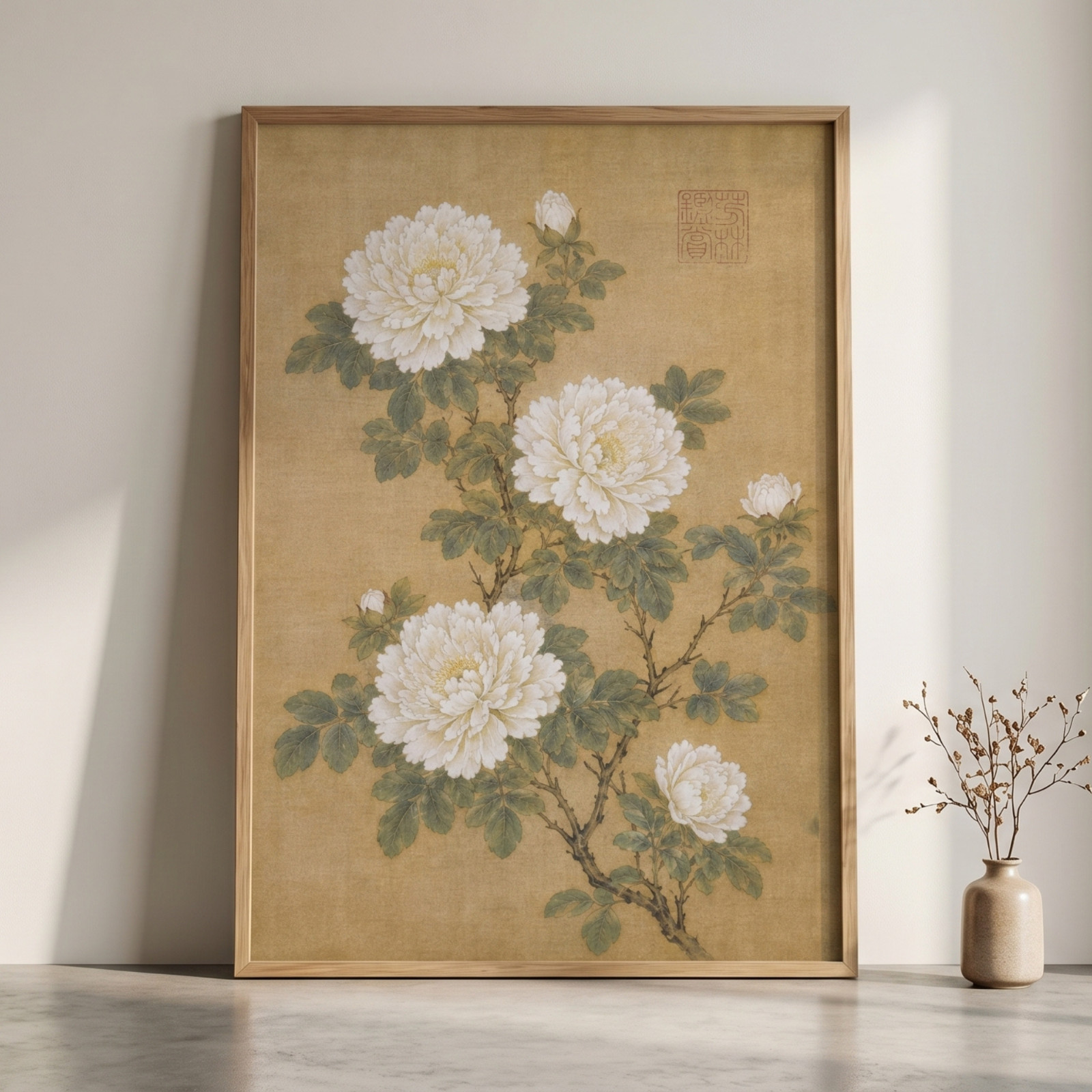 Vintage Chinese Peony Flower Poster White Peonies Ink Painting Wall Decor Print
