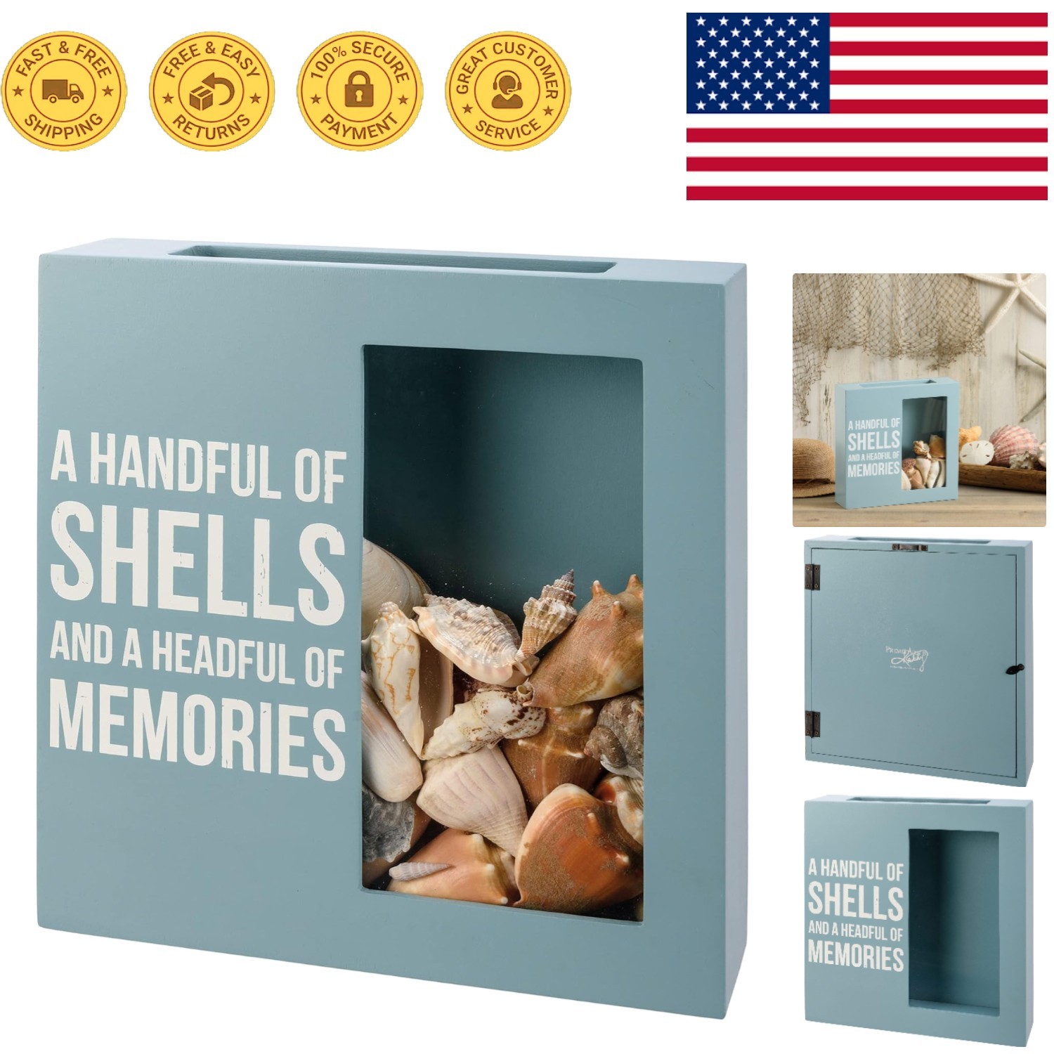 Versatile Coastal Seashell Holder – Memory Box with Glass Windows for Keepsakes