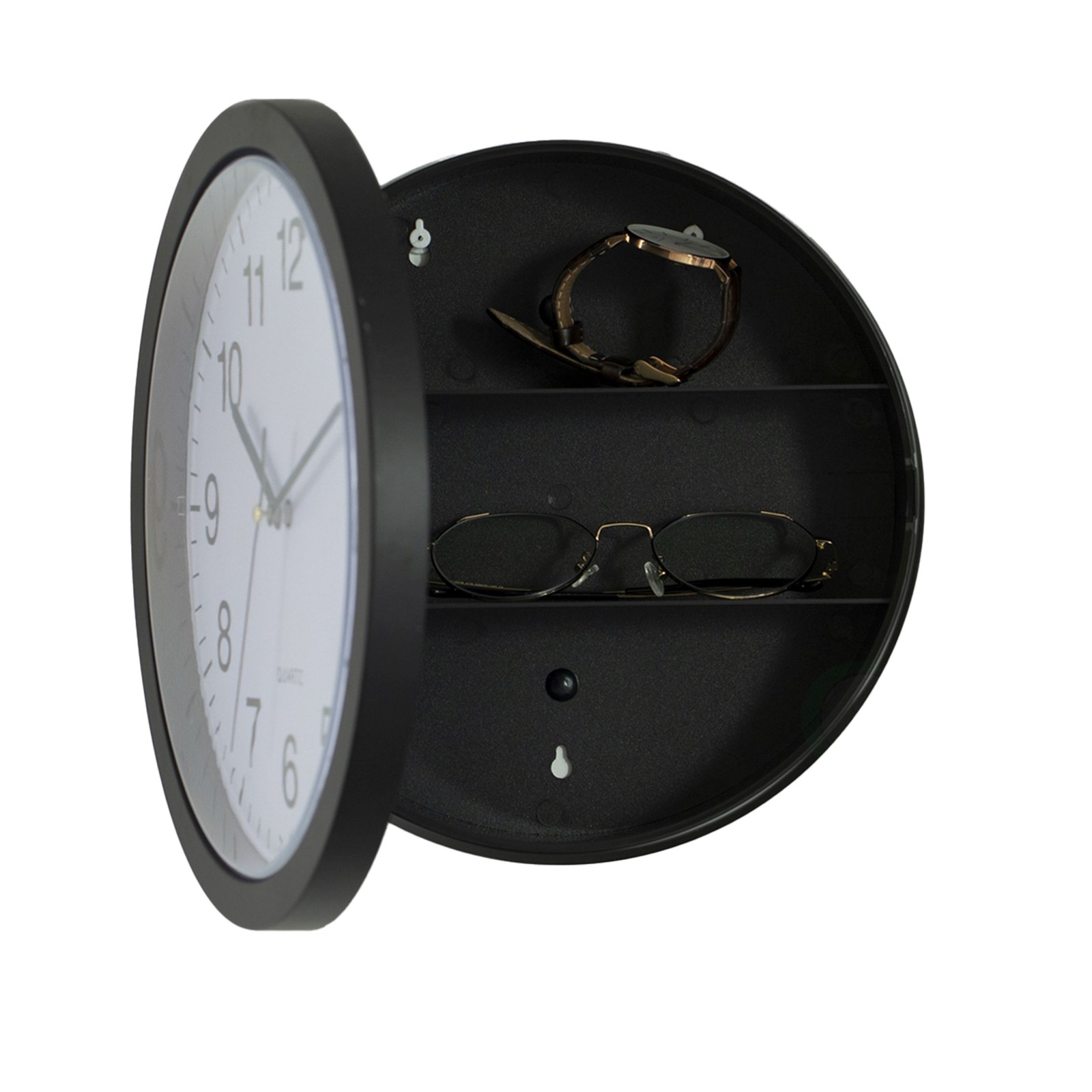 Black Wall Mounted Plastic Clock with Hidden Storage Door – Interior Compartment