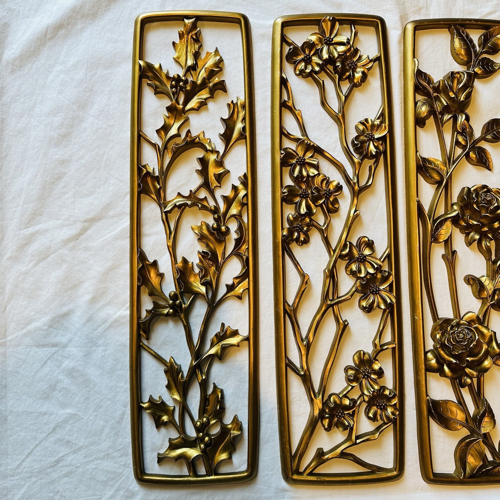 4 Vtg Panels Syrco Four Seasons Gold Wall Plaques Art Hangings Floral MCM 1954