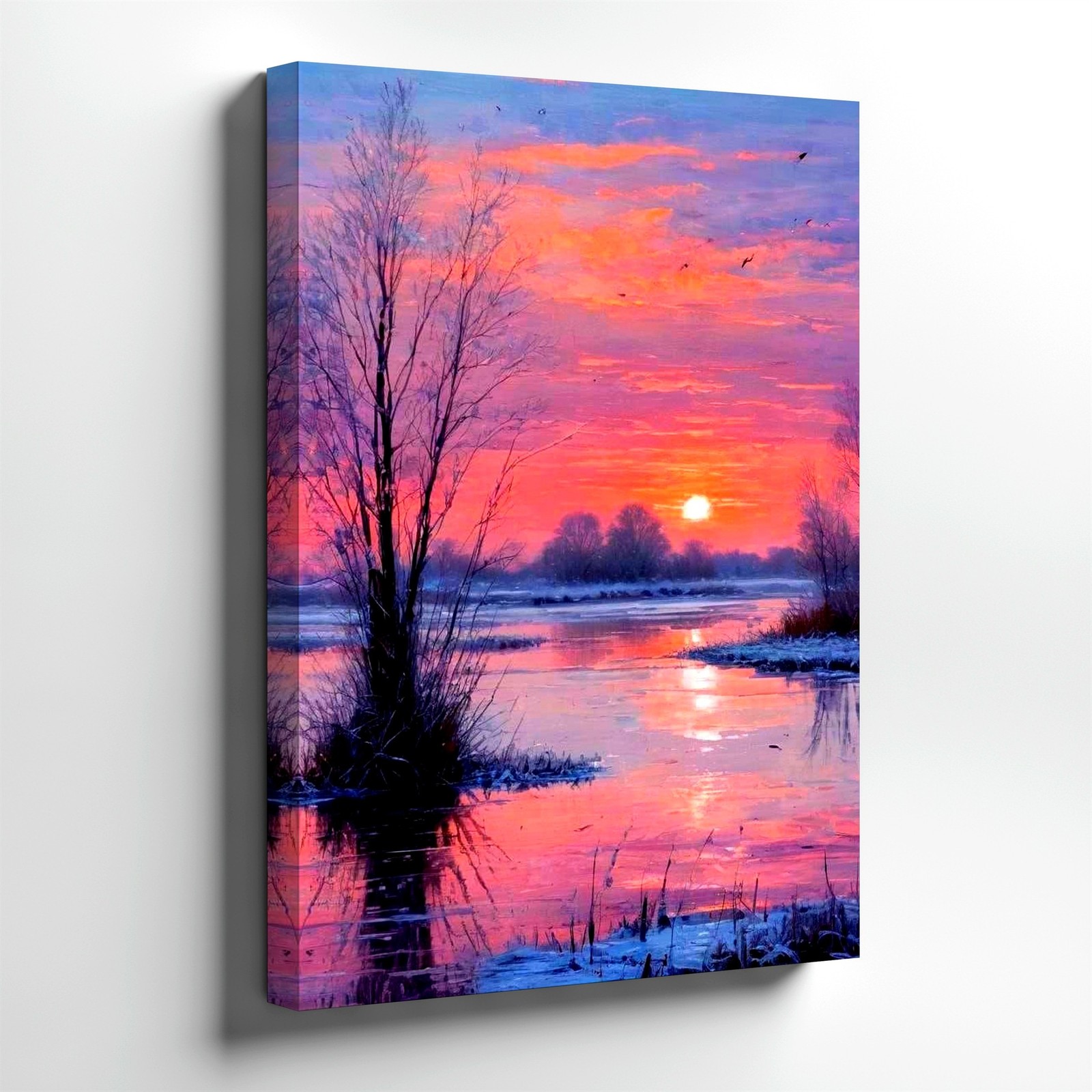 Wall Art Winter Sunset Landscape Print Pink Sky River Reflection Tree Decor