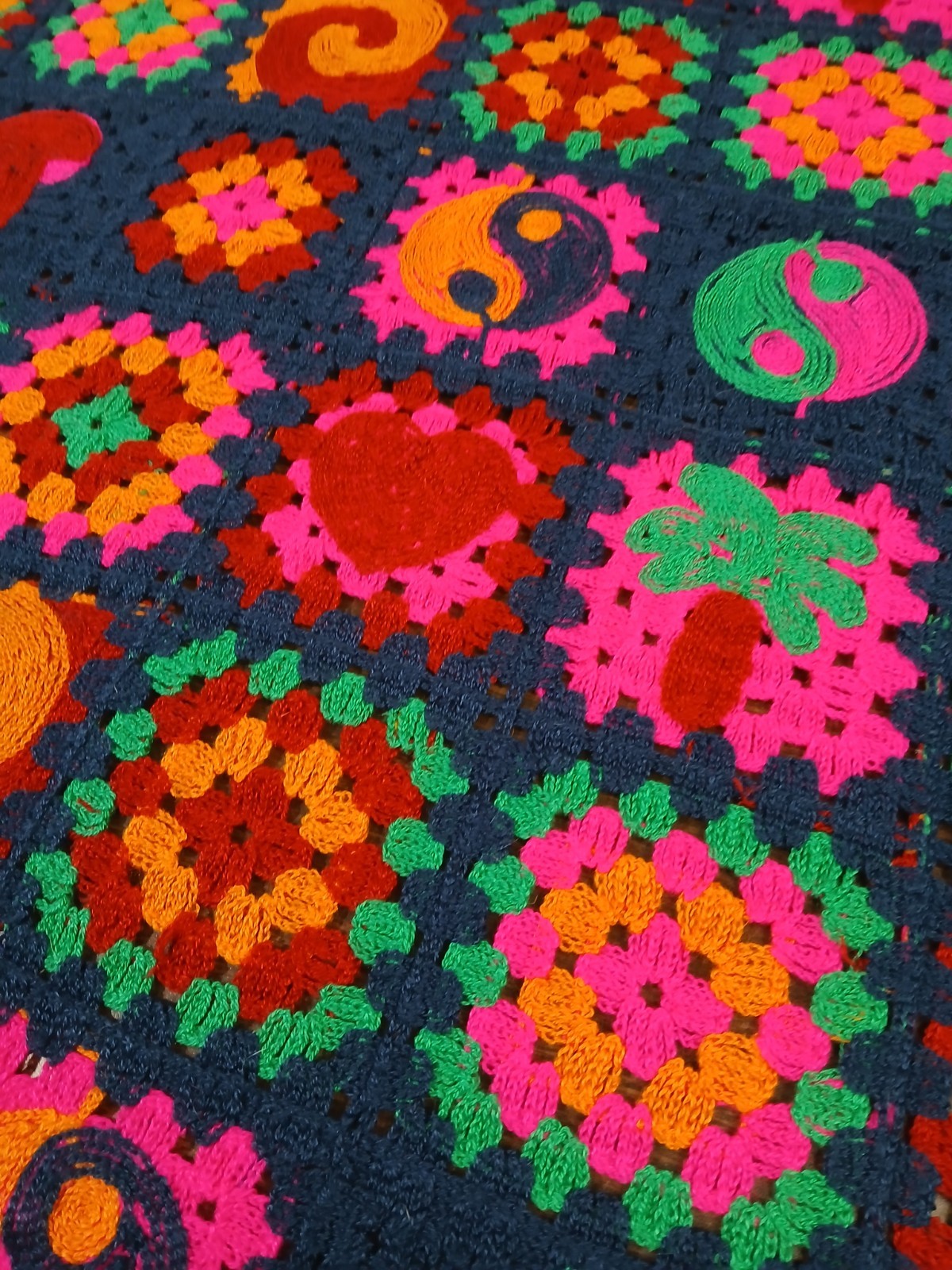 Magaschoni Granny Square Afghan Crochet Colorful Blanket Yin Yang Mushrooms
