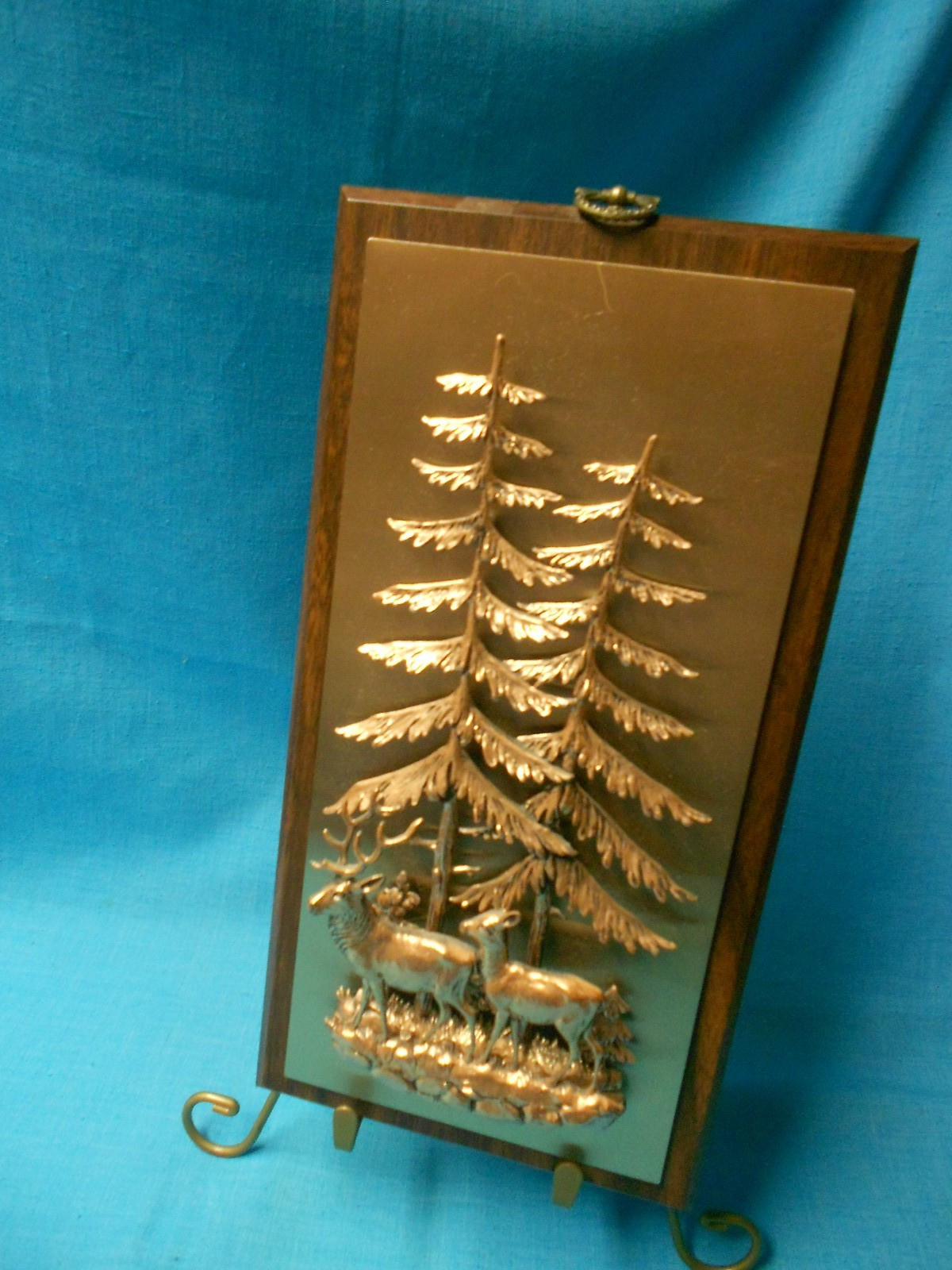 Vtg 3D Deer Trees Relief on Wood Hanging Copper Tone Canada Rustic Cabin SEE