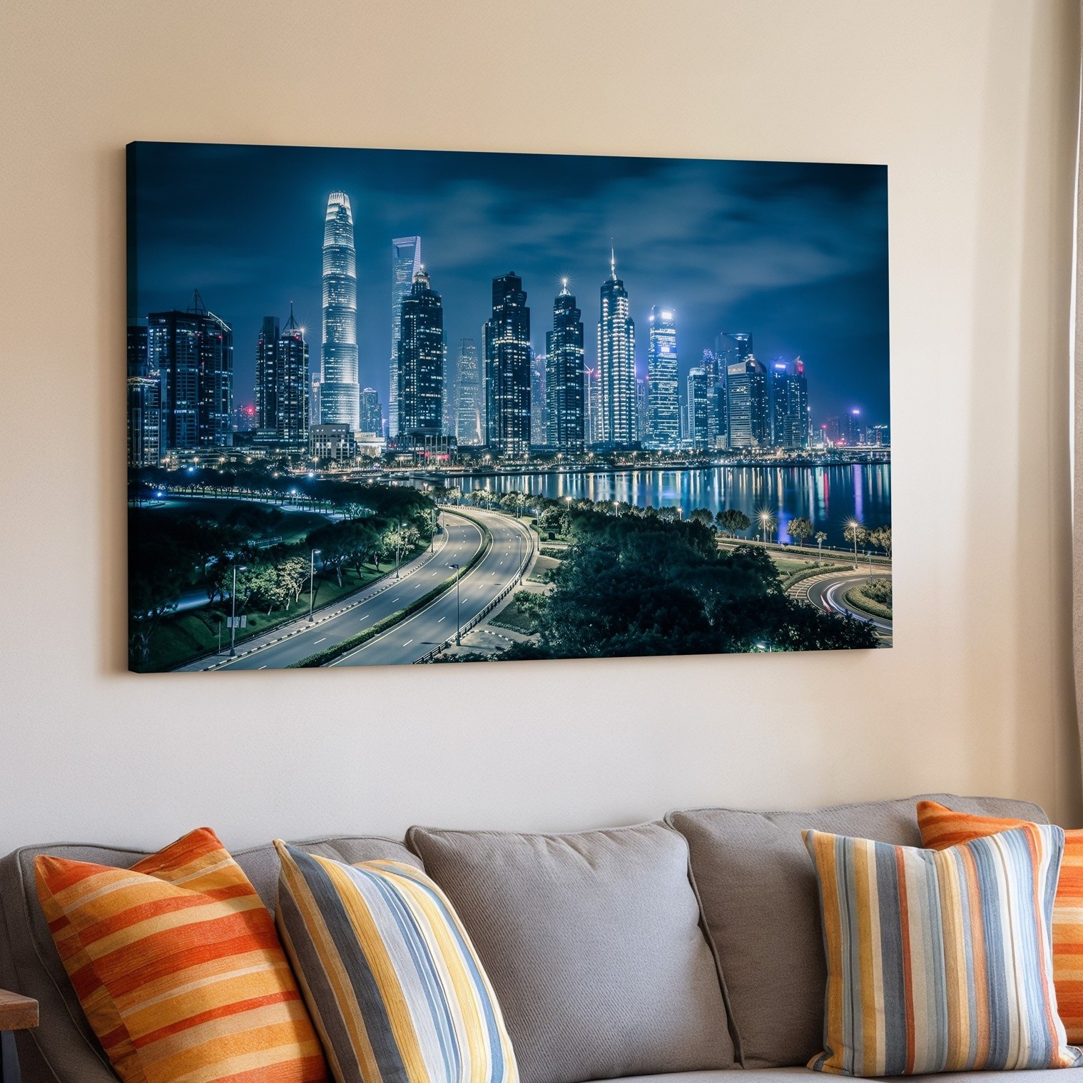 Stunning Nighttime Cityscape Featuring A Modern Skyline Dominated By Wall Art