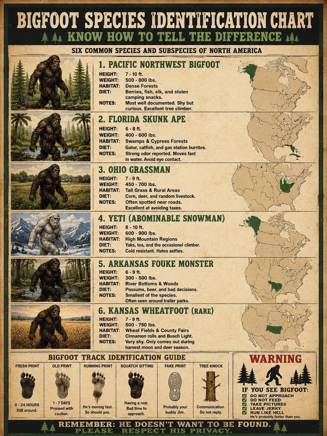Funny Bigfoot Species Identification Chart Metal Sign Sasquatch Field Guide 8×12