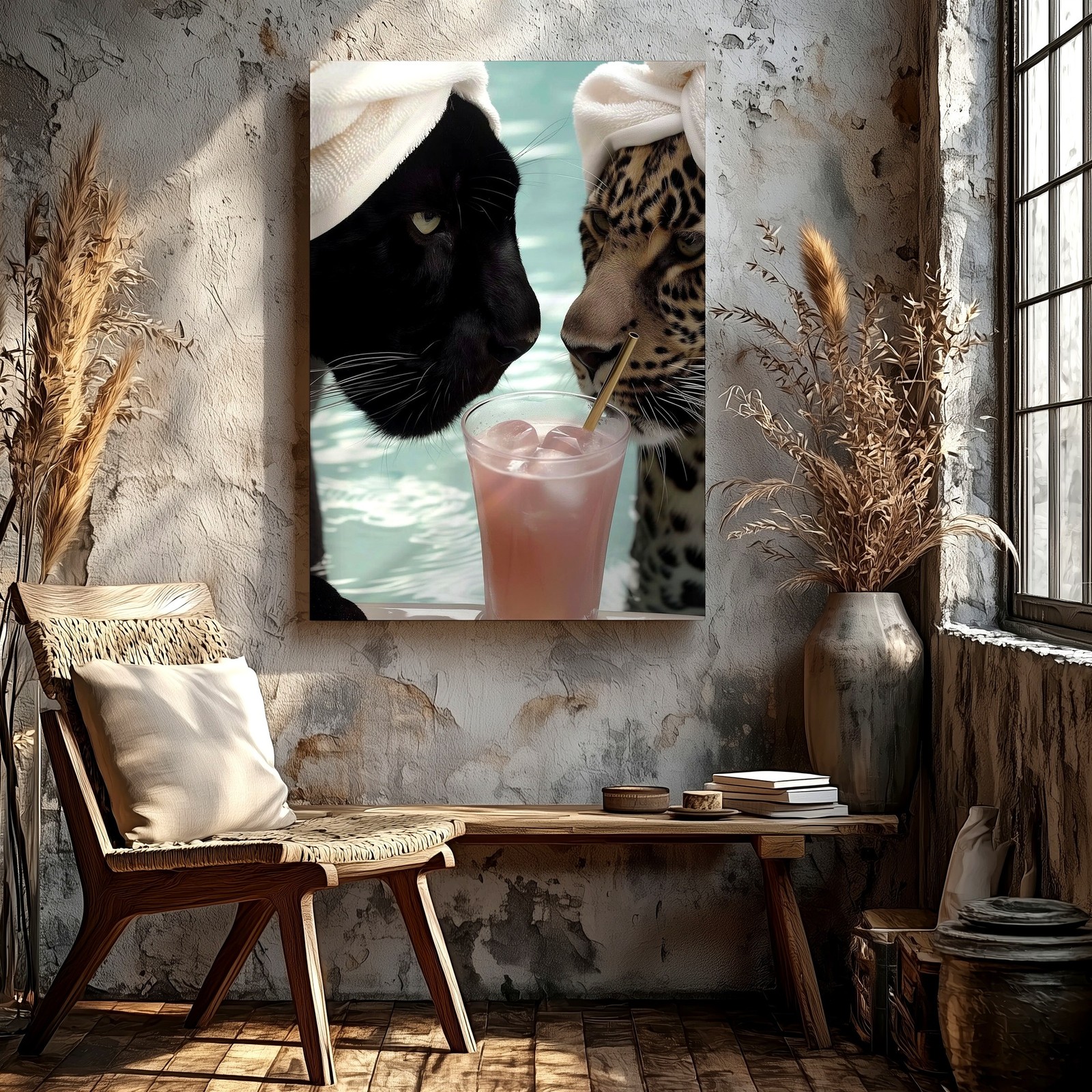 Wall Art Black Panther Leopard Poolside Cocktail Print Funny Animal Home Decor