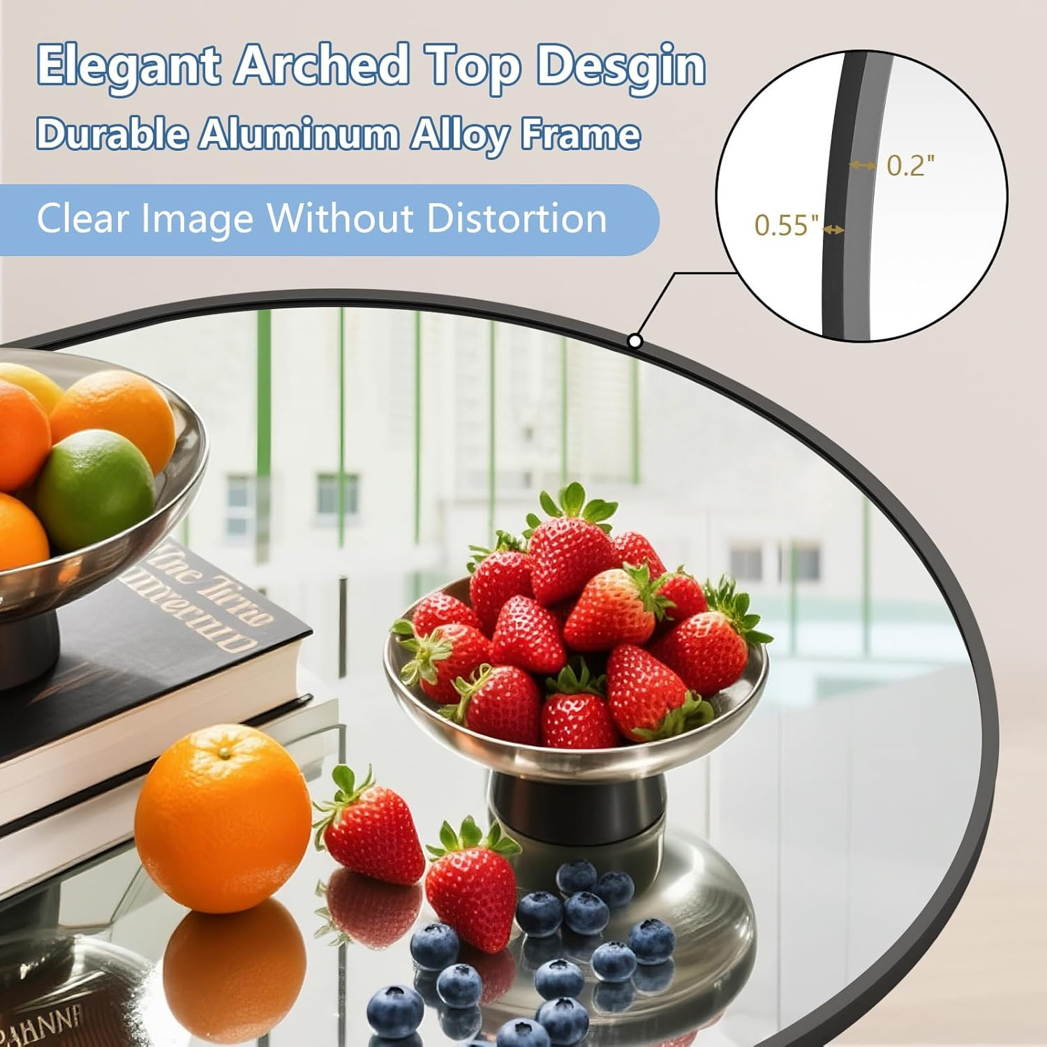 72&Prime; Extra Large Arch Floor Mirror – Black Glass & Aluminum Frame