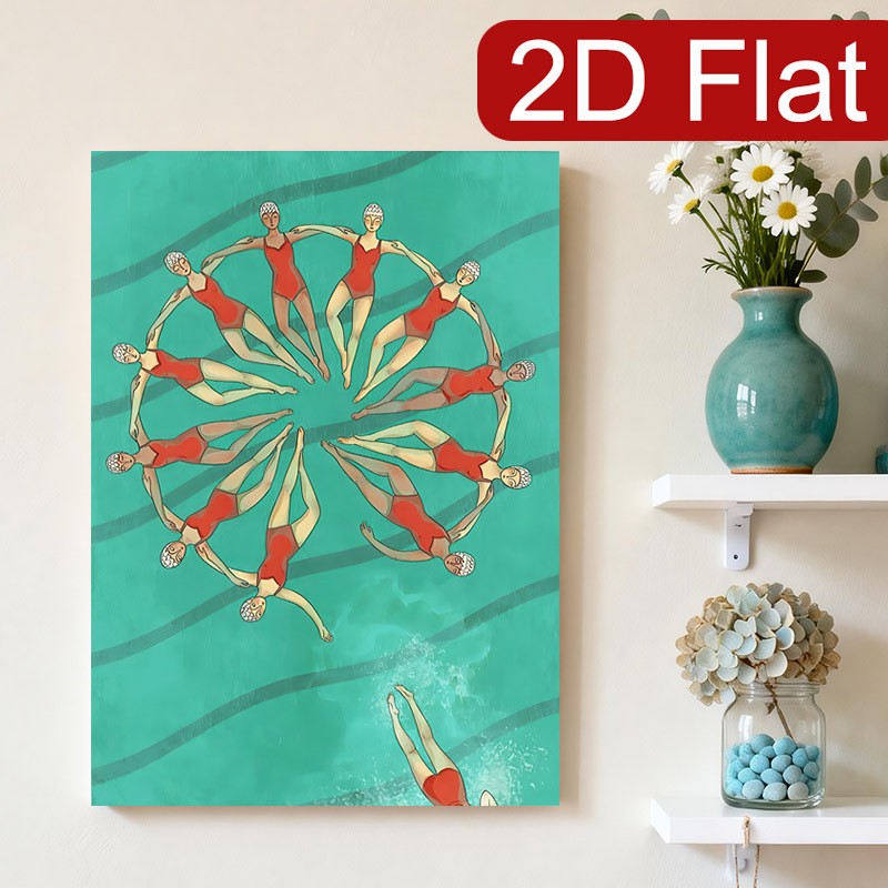 Synchronized Swimmers Red and Teal Canvas Wall Art, Art Deco Inspired Home Decor