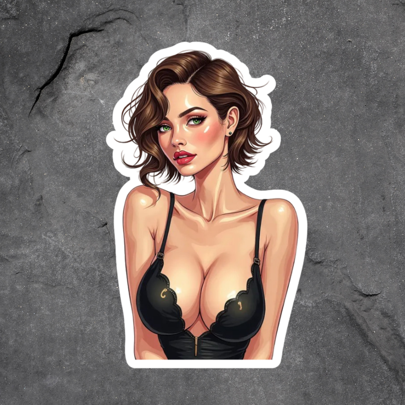 pinup girl sticker vinyl decal short haired beauty in black bra elegant pinup