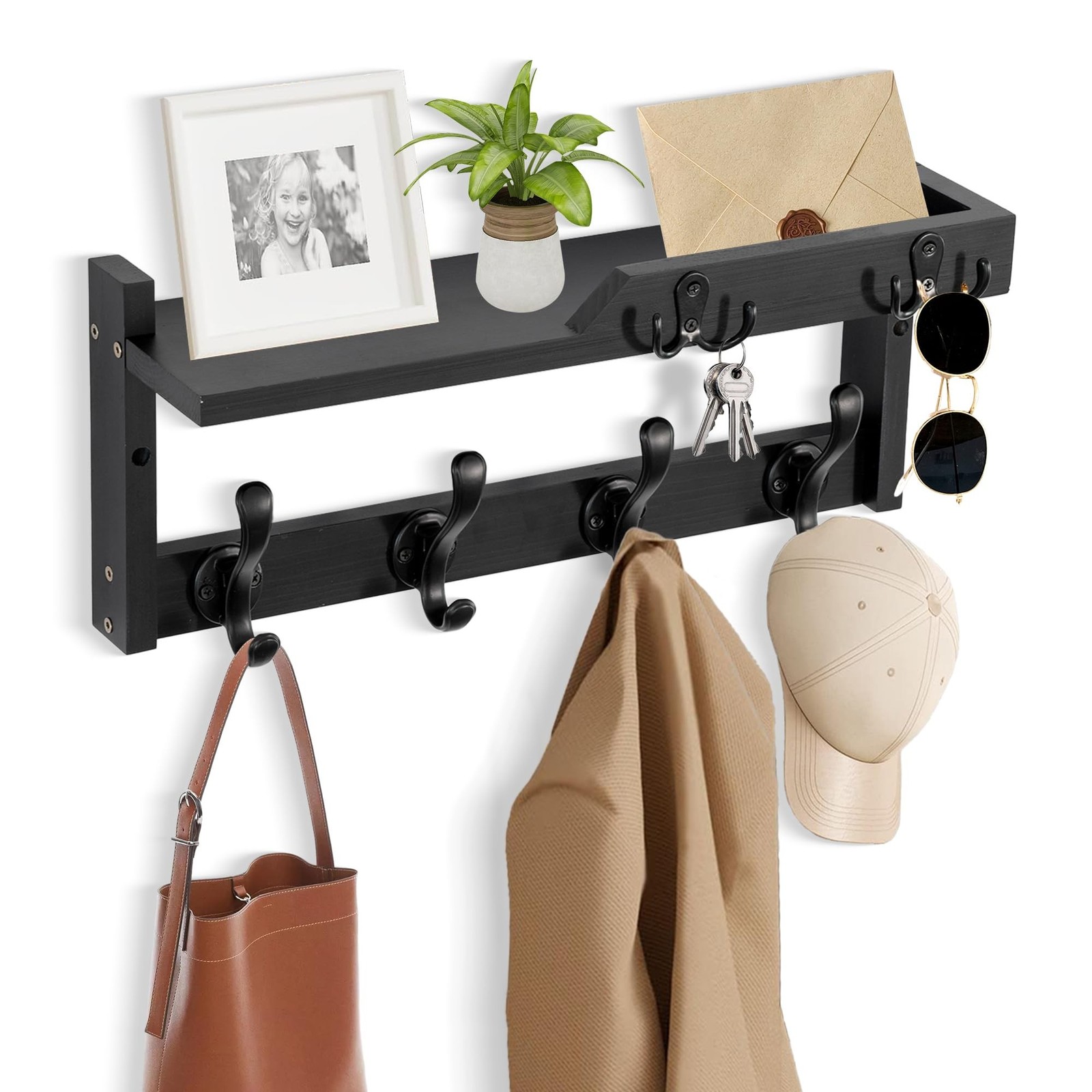 Coat Rack Wall Mount with Shelf, Coat Hanger Wall Mount with Key Hooks and Ma…