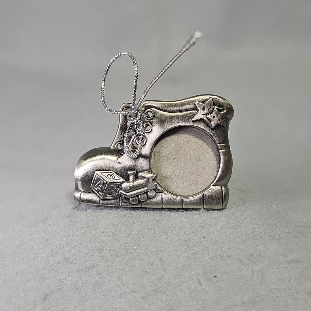 Baby Shoe Picture Frame Pewter Metal Boy Girl Unisex Nursery Decor Shelf Sitter