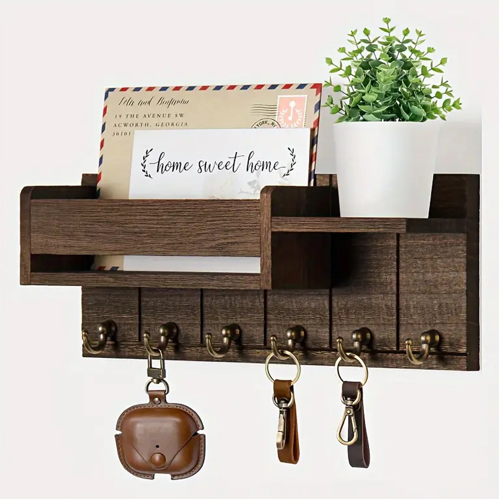 Wall-Mounted Key Holder & Mail Organizer with Hooks – Entryway Storage & Decor