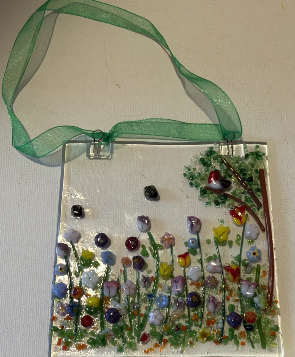 Fused Glass Handmade Square 4”x 4” Multicolor Sun Catcher Signed By Artist