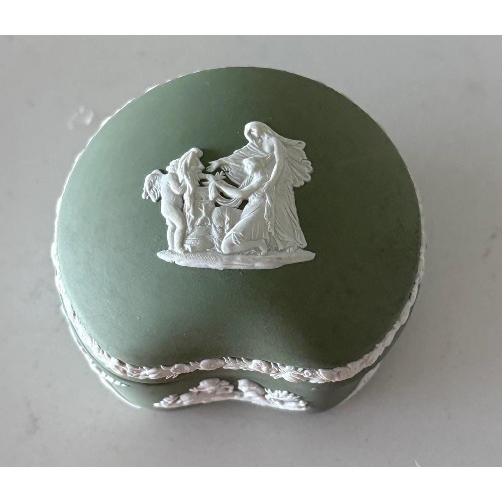 Vintage Wedgwood Sage Green Jasperware Trinket Box | Cupid & Oracle Relief
