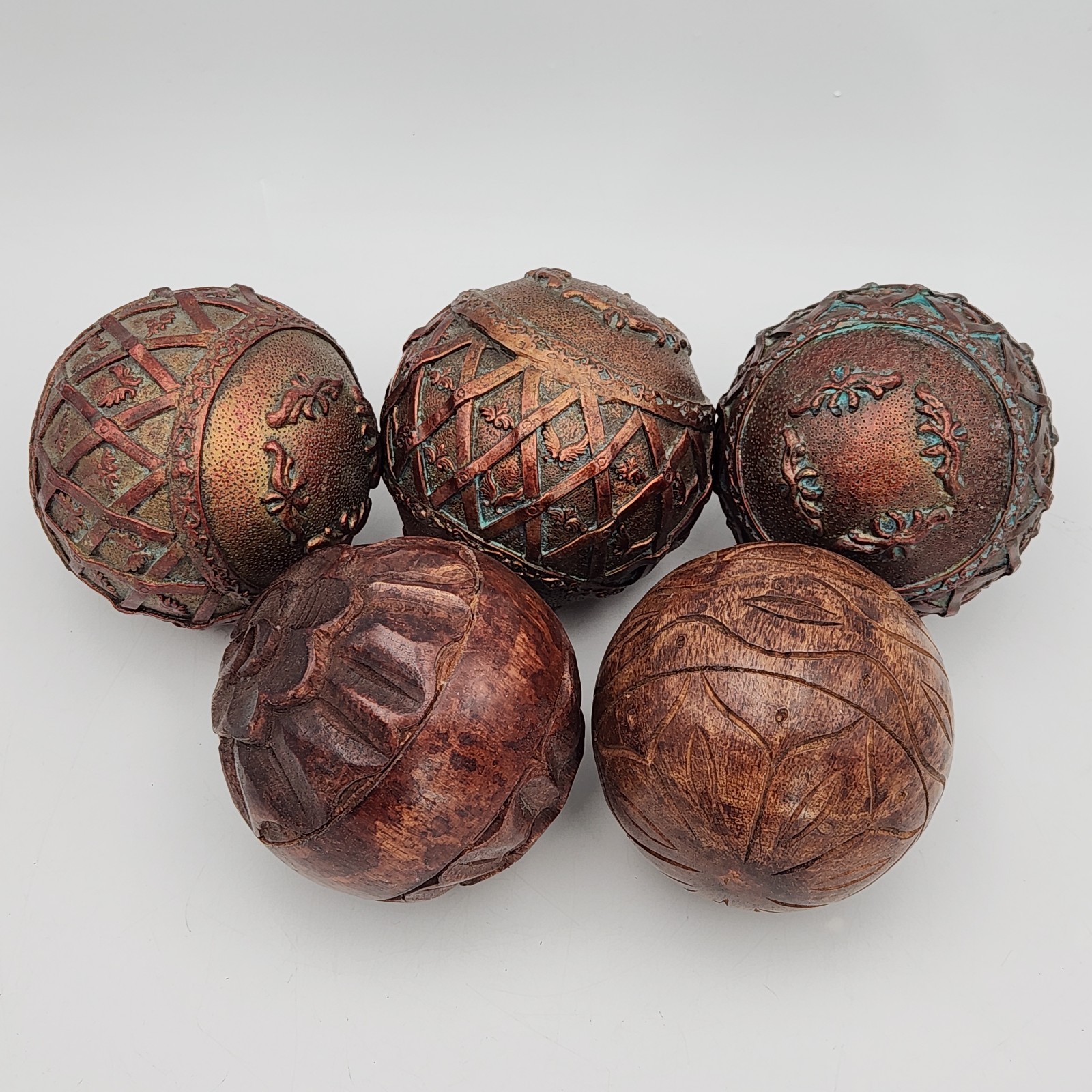 Decorative 4 Inch Mixed Lot Of 5 Balls, 2 Hand Carved Wood, 3 Resin Textured