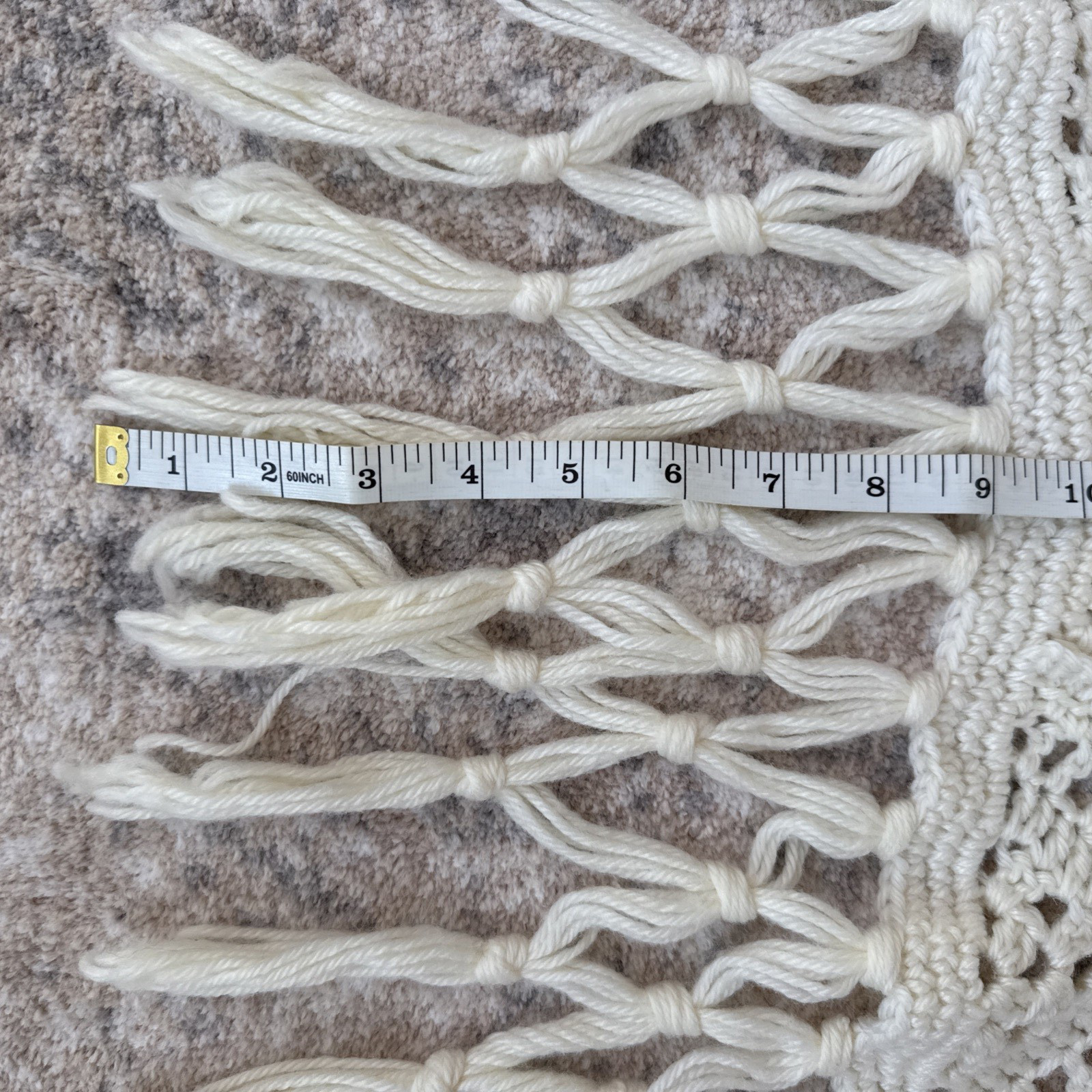 Cream Crocheted Blanket w/ Hexagons Embroidered Peach Floral Designs Fringe Ends