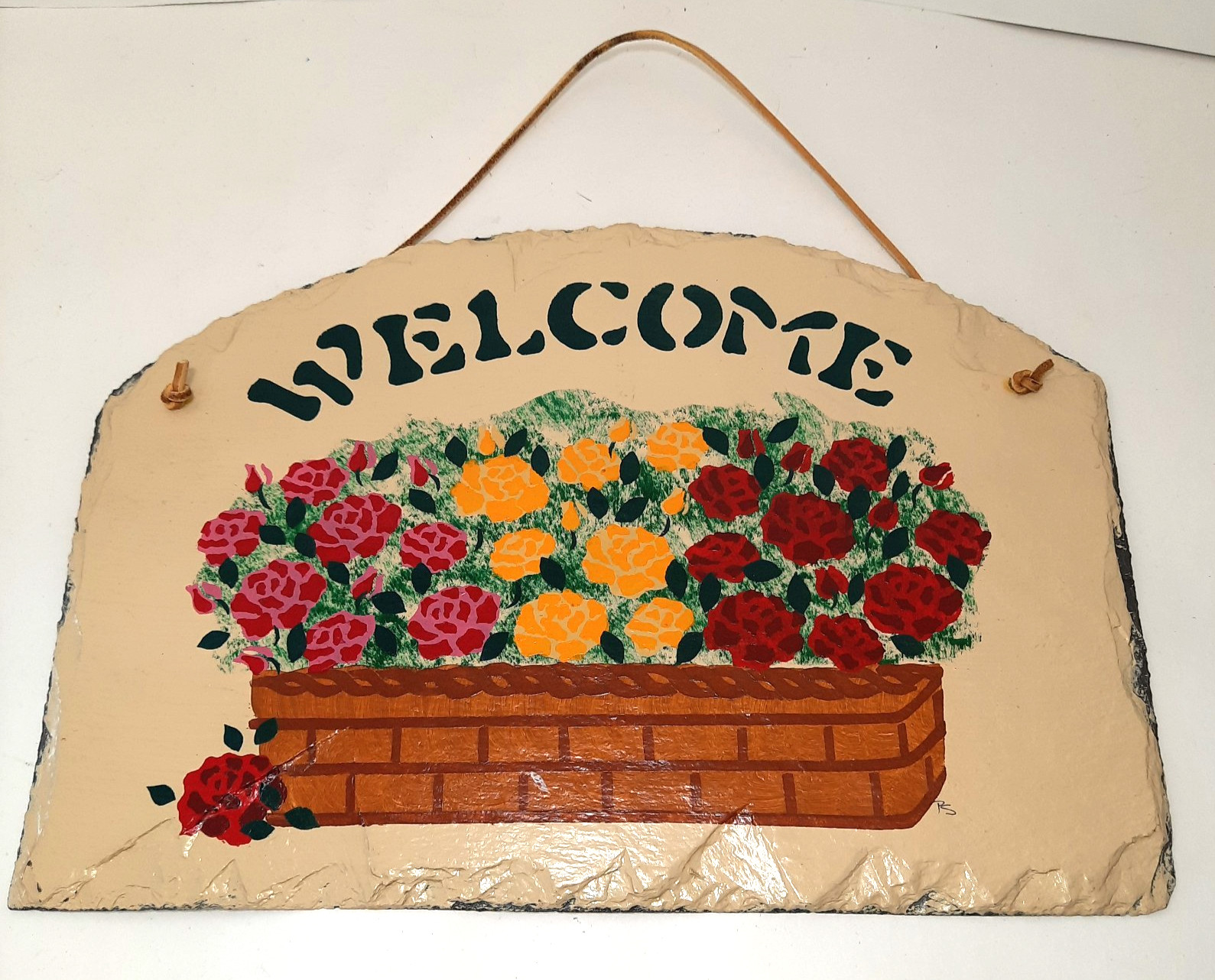 Slate Hand Painted Welcome Sign w/Pink, Yellow & Red Flowers, 13&Prime;L x 9.5&Prime; H
