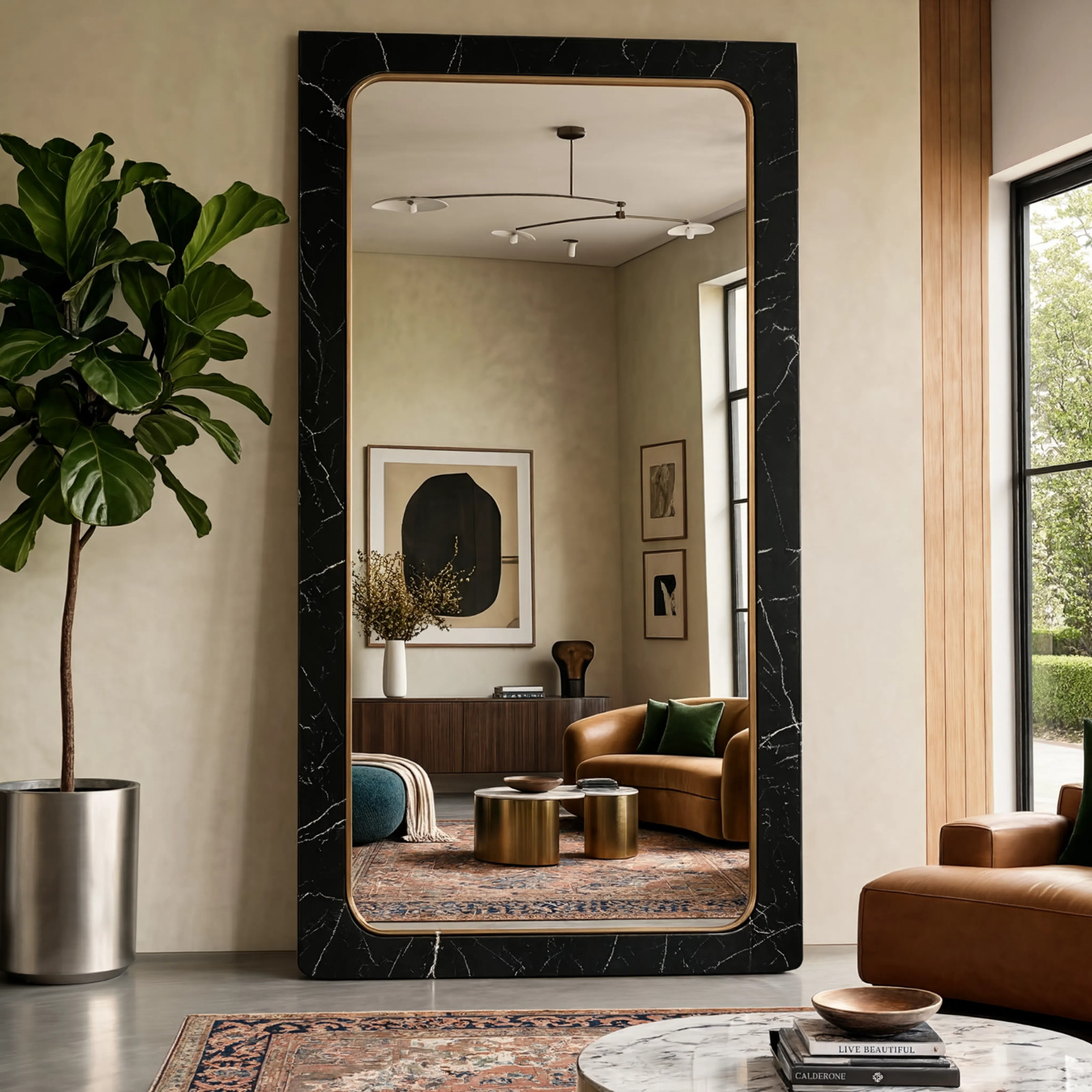Nero Marquina Marble Floor Mirror | Black Stone with Brass Trim, Handmade Arts