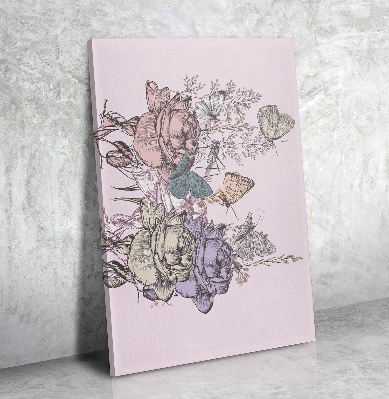 Butterflies With Flowers Pink Framed Ready To Hang Canvas Special Edition