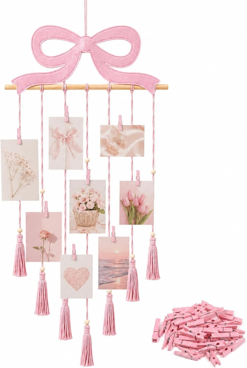 Charming Pink Bow Hanging Photo Display with 30 Clips – Perfect for Teens